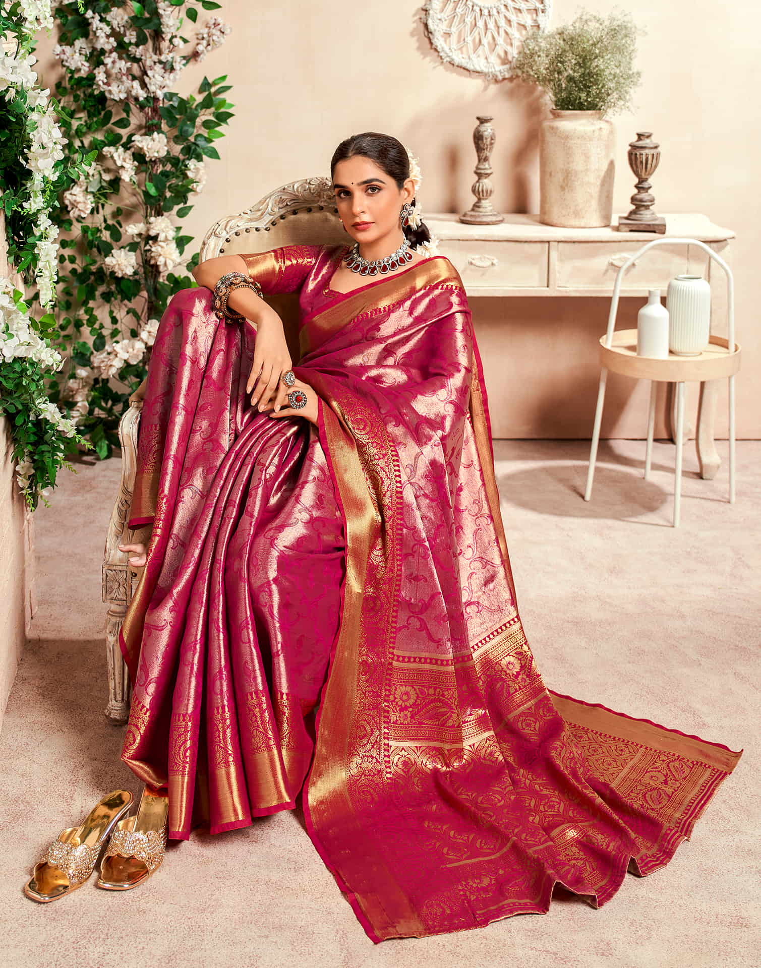 Rani Pink Silk Woven Kanjivaram Saree - Image 2