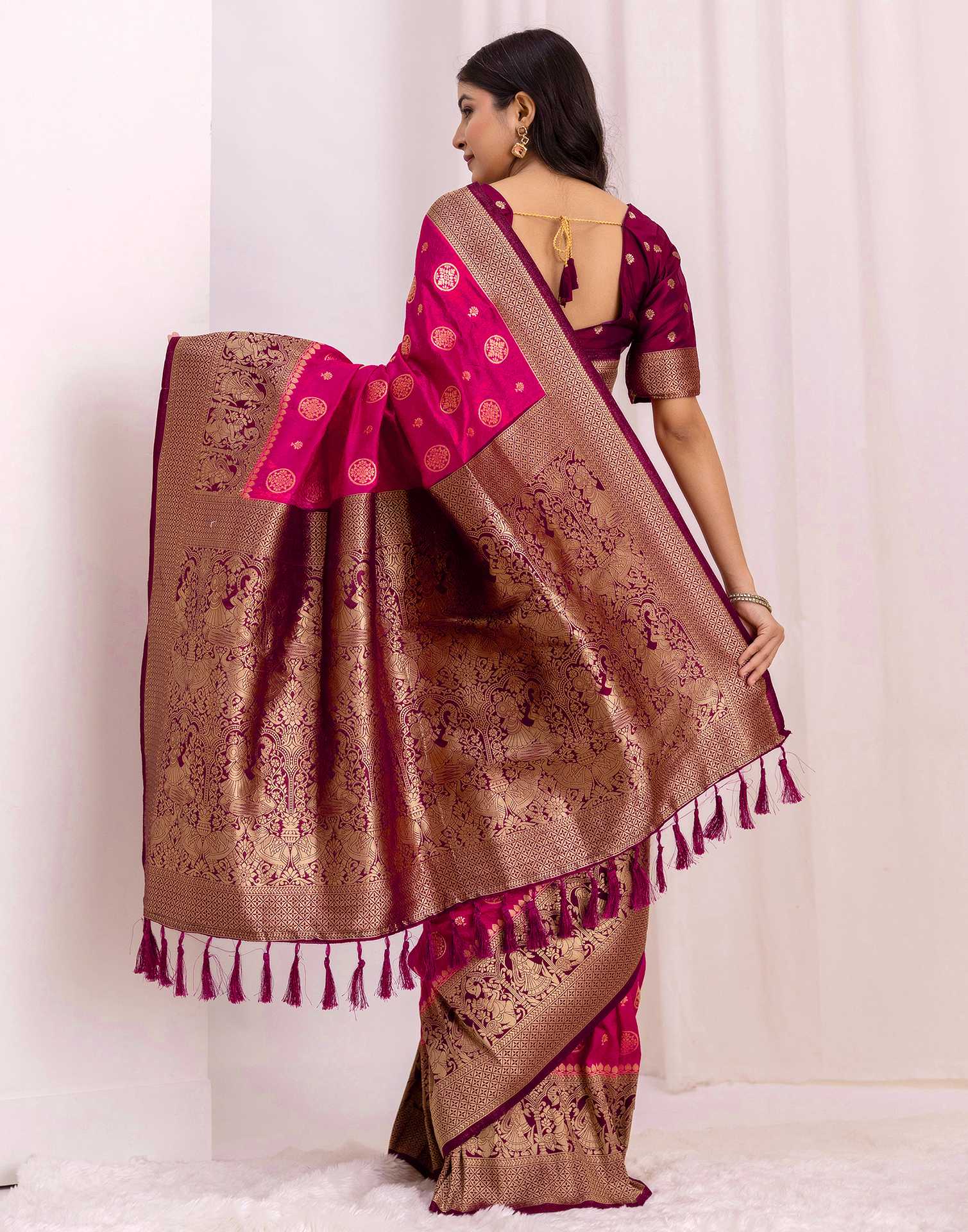 Rani Pink Silk Woven Kanjivaram Saree - Image 6