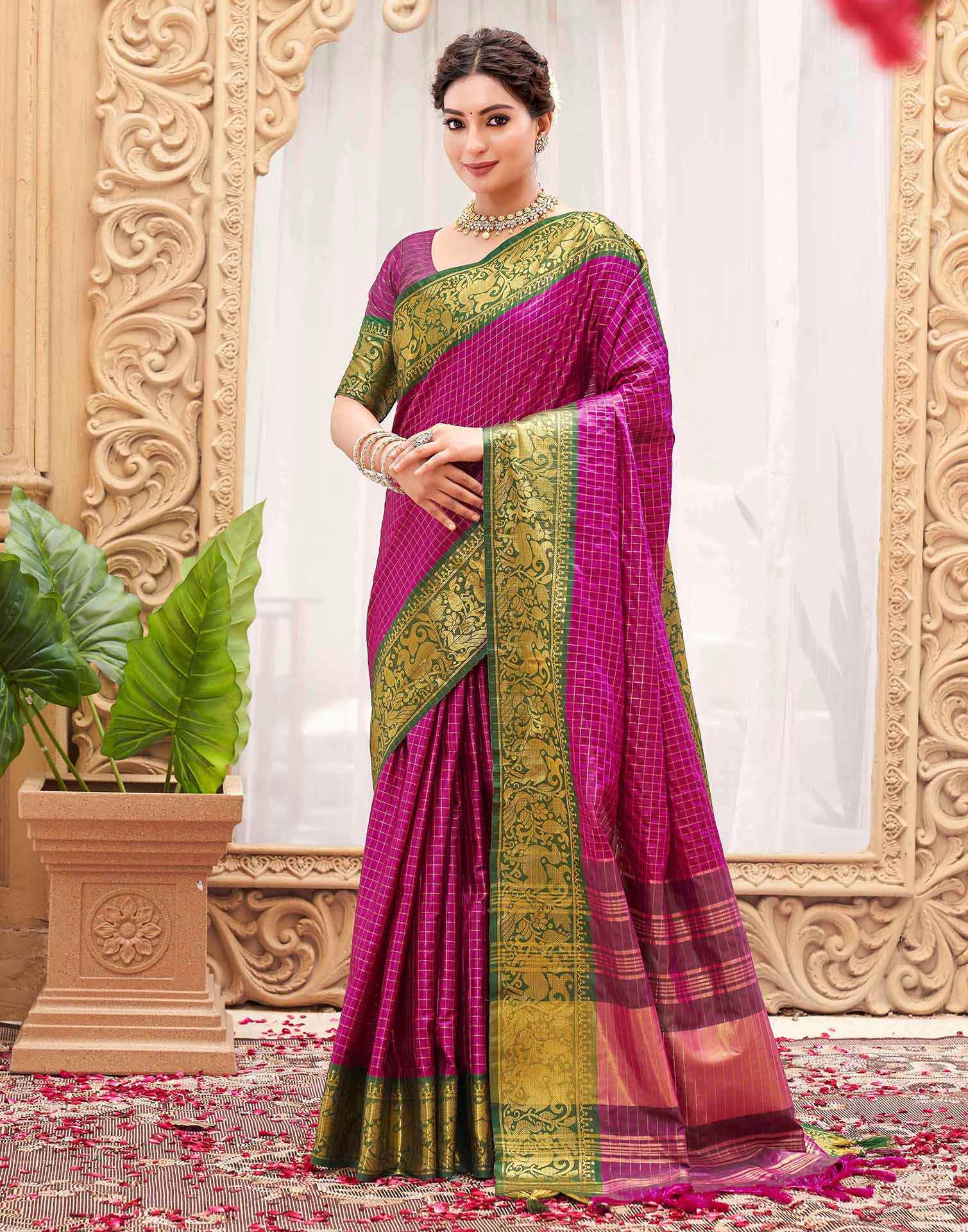 Rani Pink Silk Woven Kanjivaram Saree - Image 2