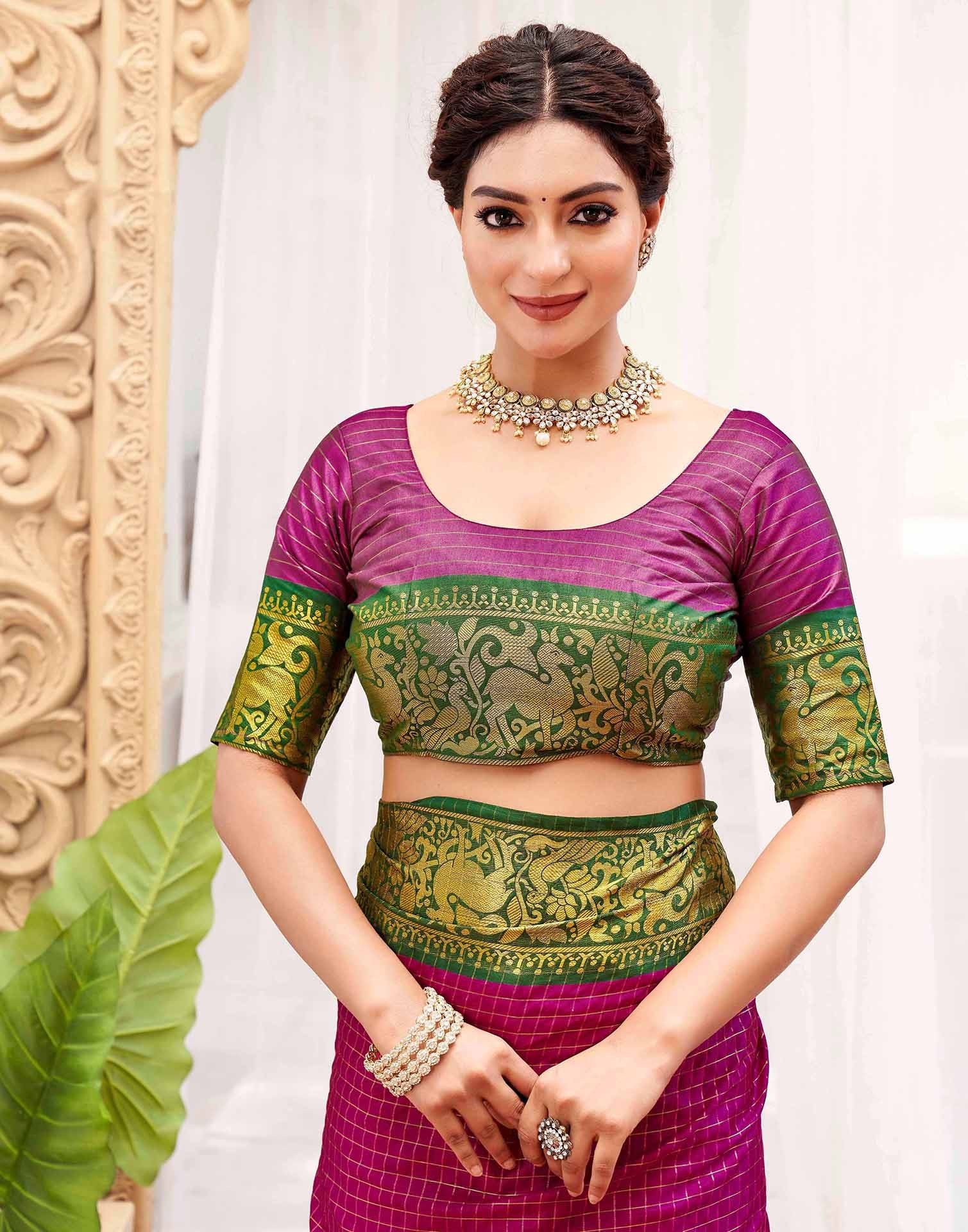 Rani Pink Silk Woven Kanjivaram Saree - Image 9