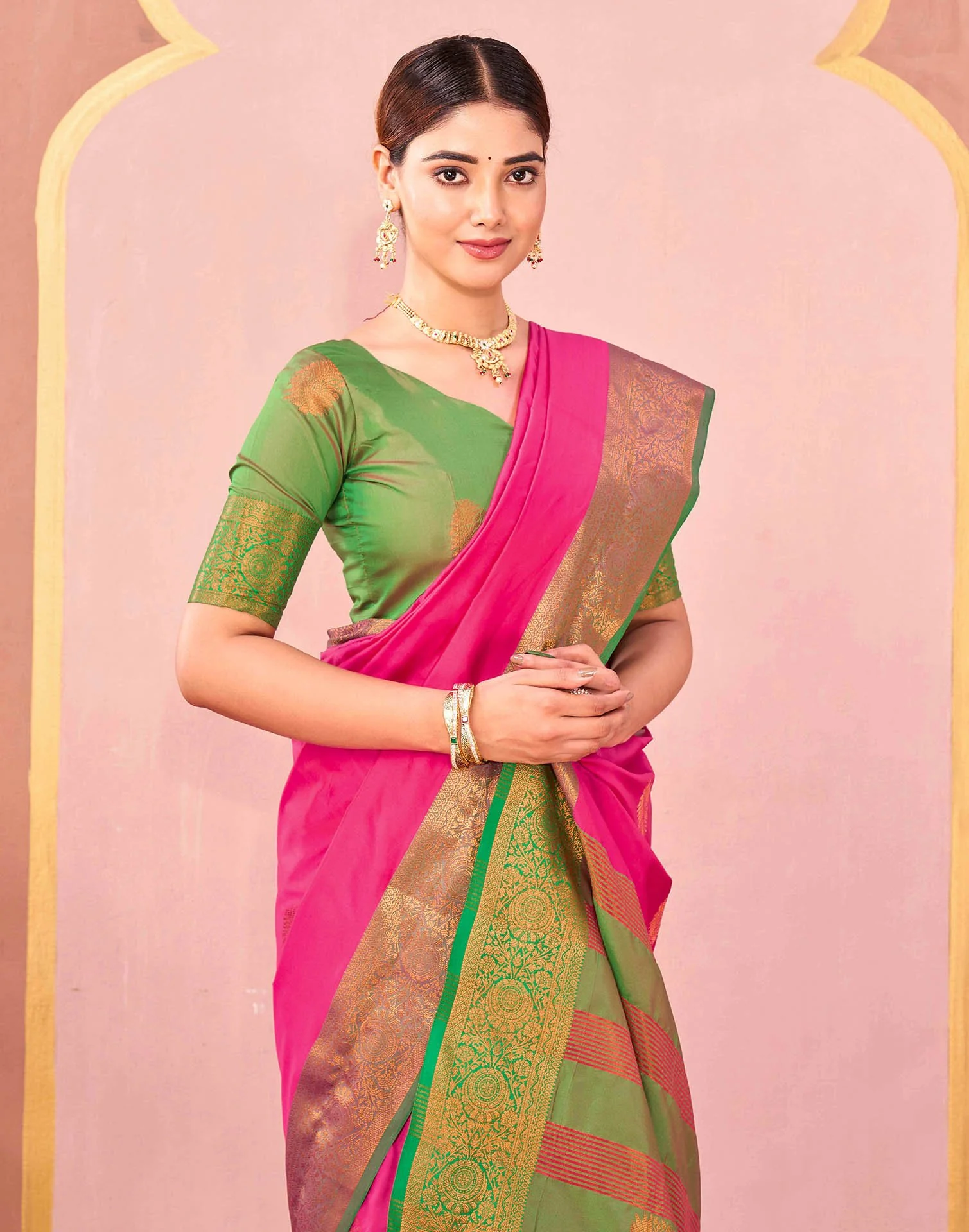 Rani Pink Silk Woven Saree - Image 2