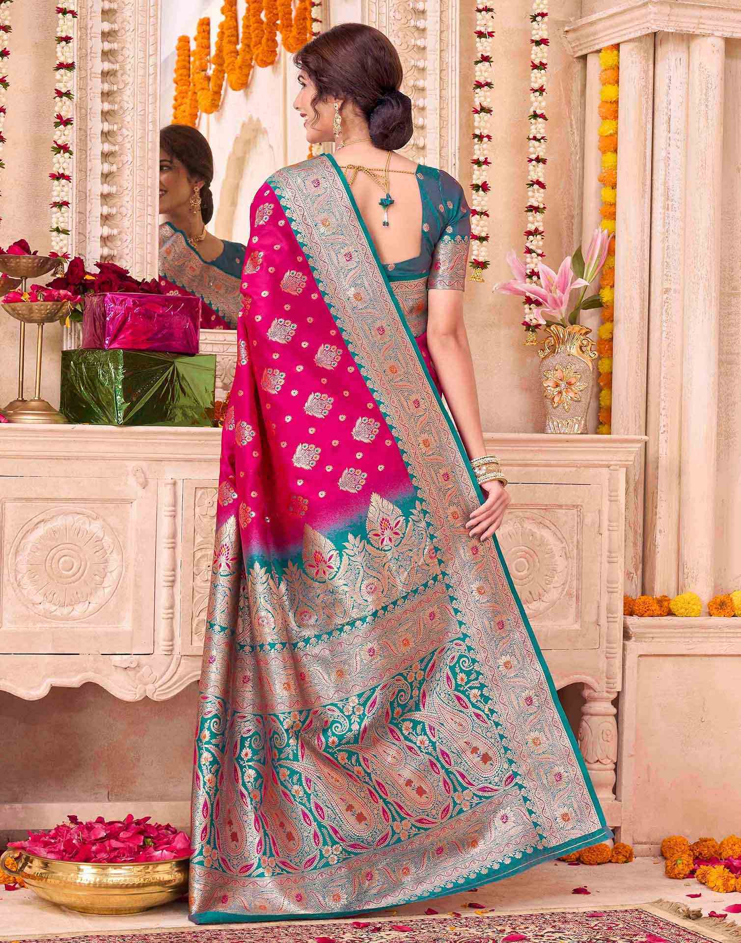 Rani Pink Silk Woven Saree - Image 5