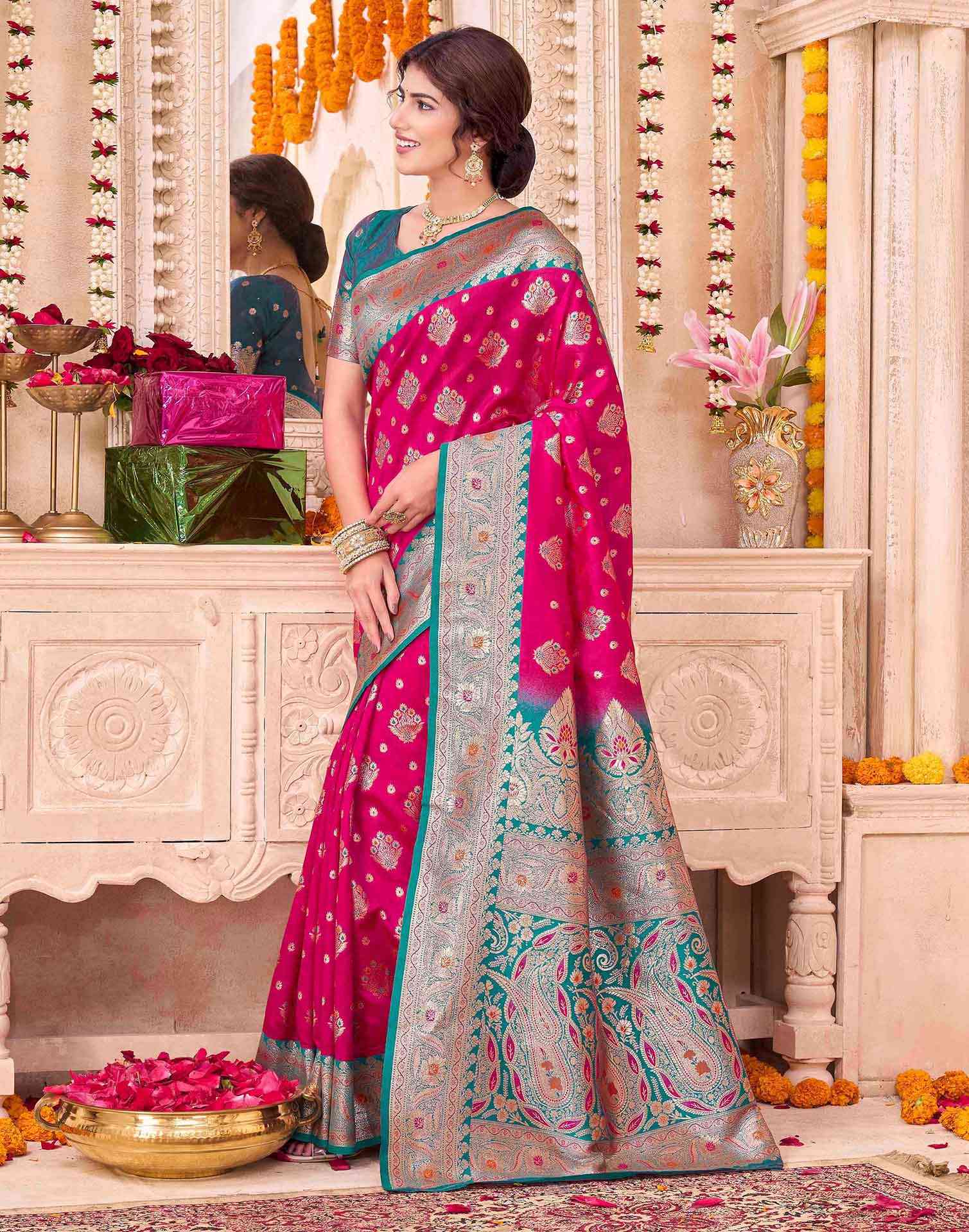 Rani Pink Silk Woven Saree - Image 6
