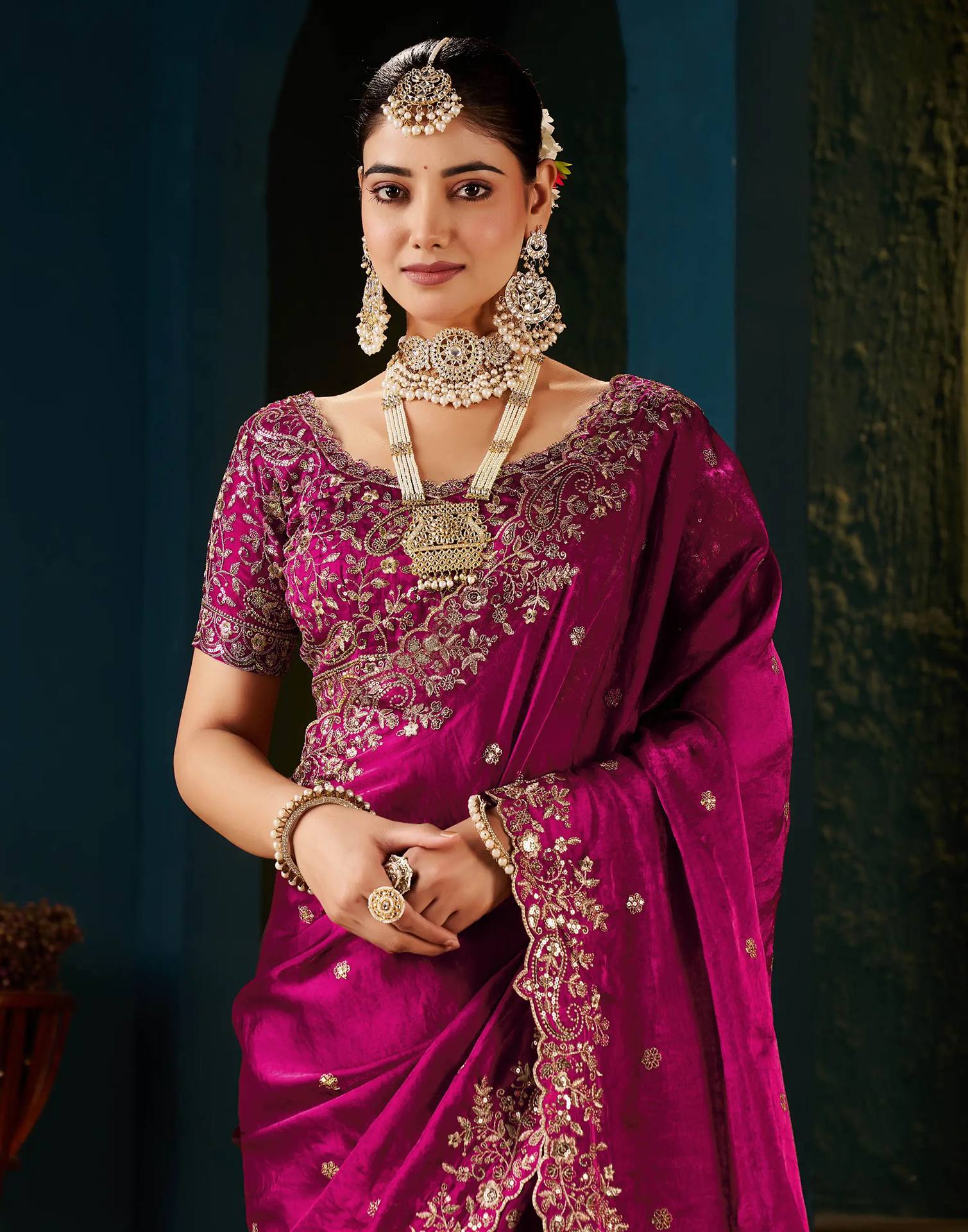 Rani Pink Tissue Satin Sequence Embroidery Saree - Image 2