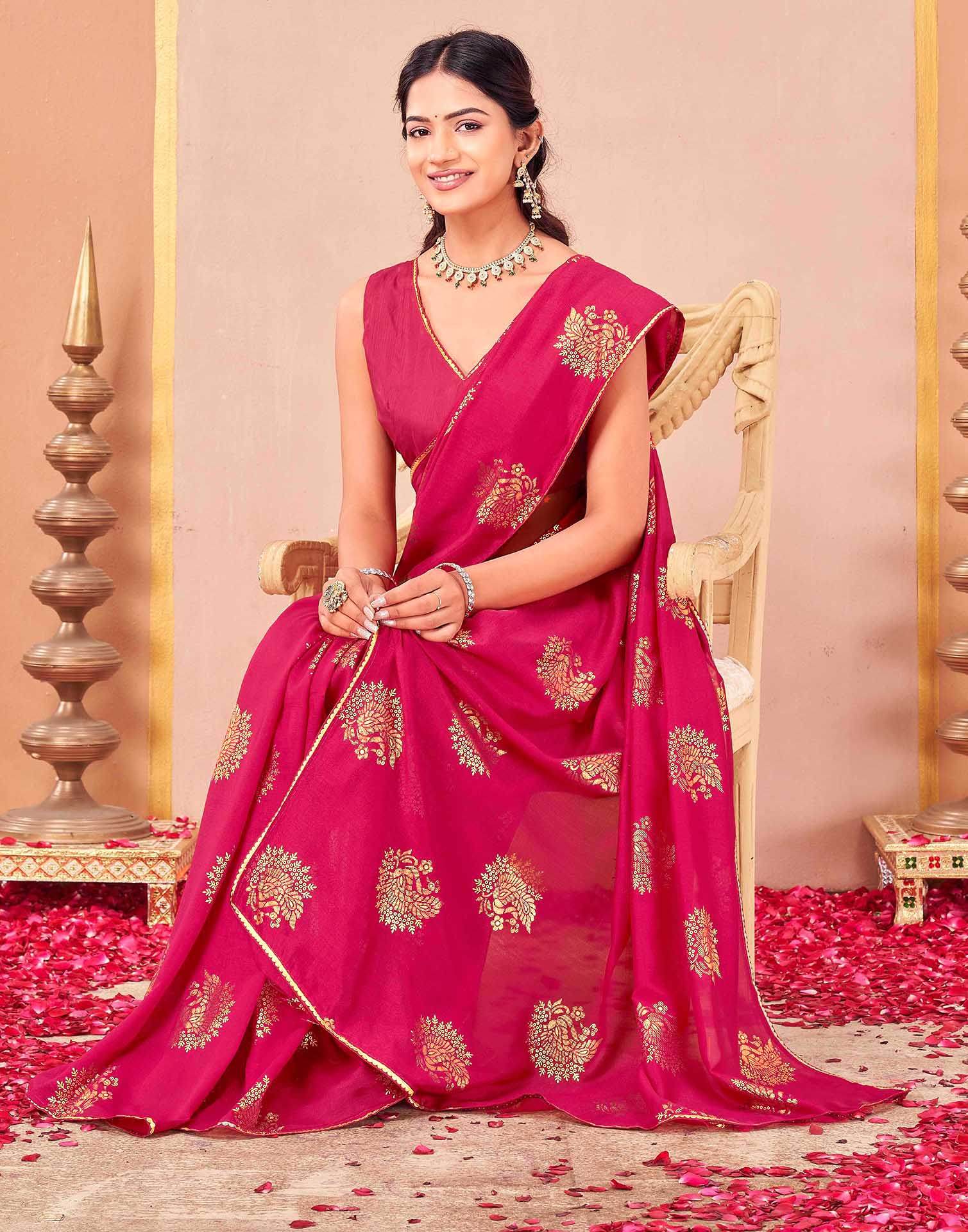 Rani Pink Vichitra Silk Foil Printed Gota Lace Saree - Image 5