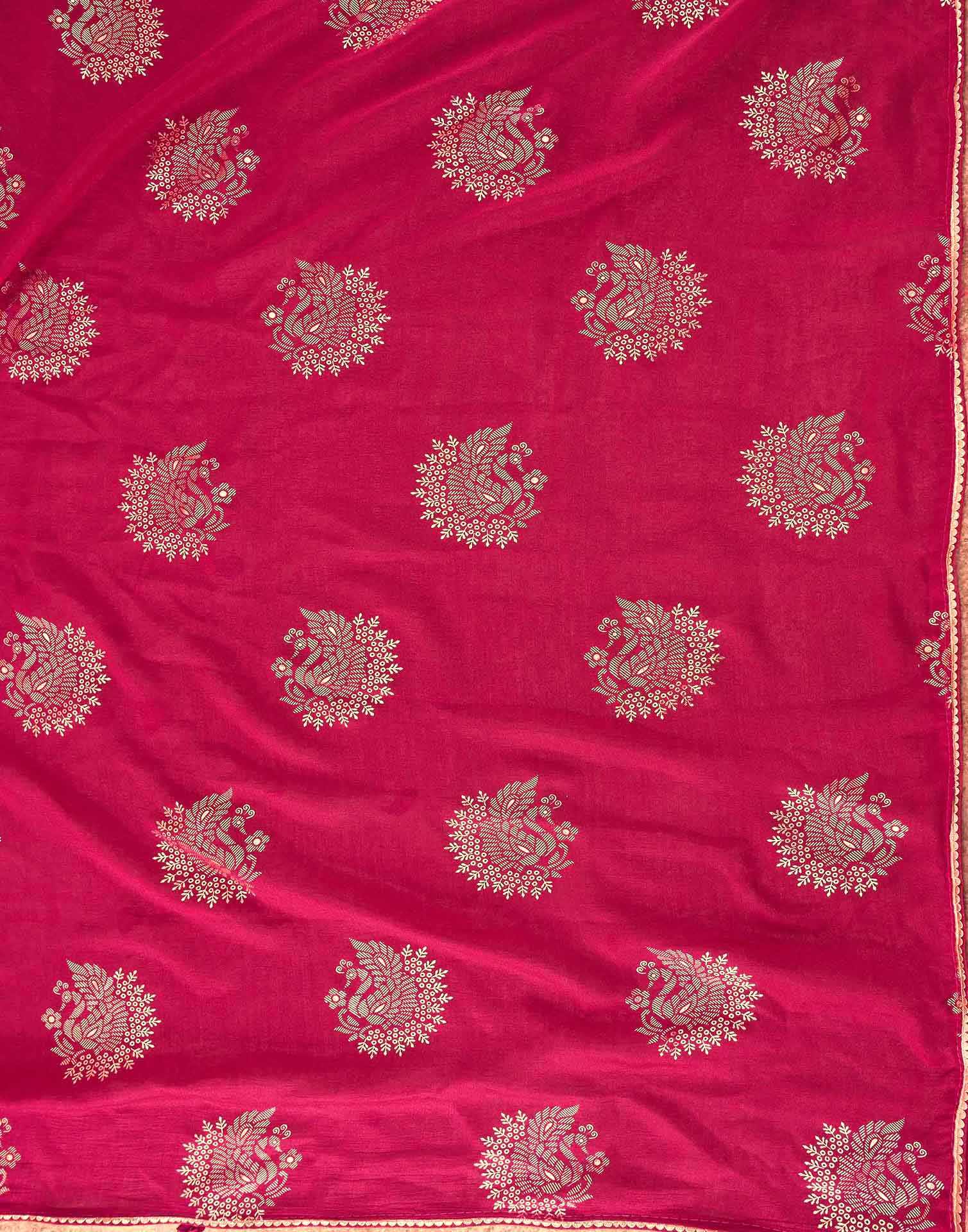 Rani Pink Vichitra Silk Foil Printed Gota Lace Saree - Image 7