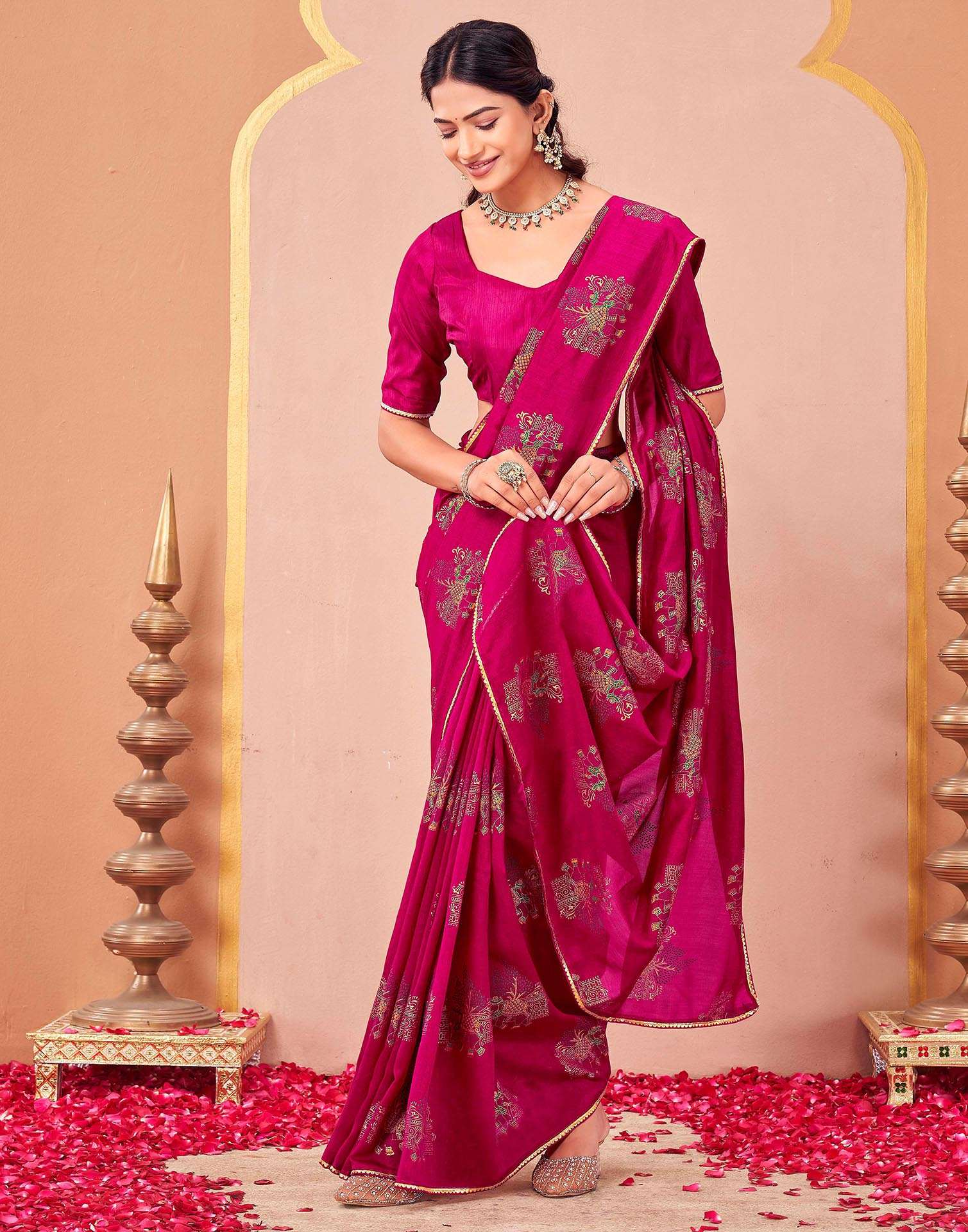 Rani Pink Vichitra Silk Foil Printed Saree - Image 5