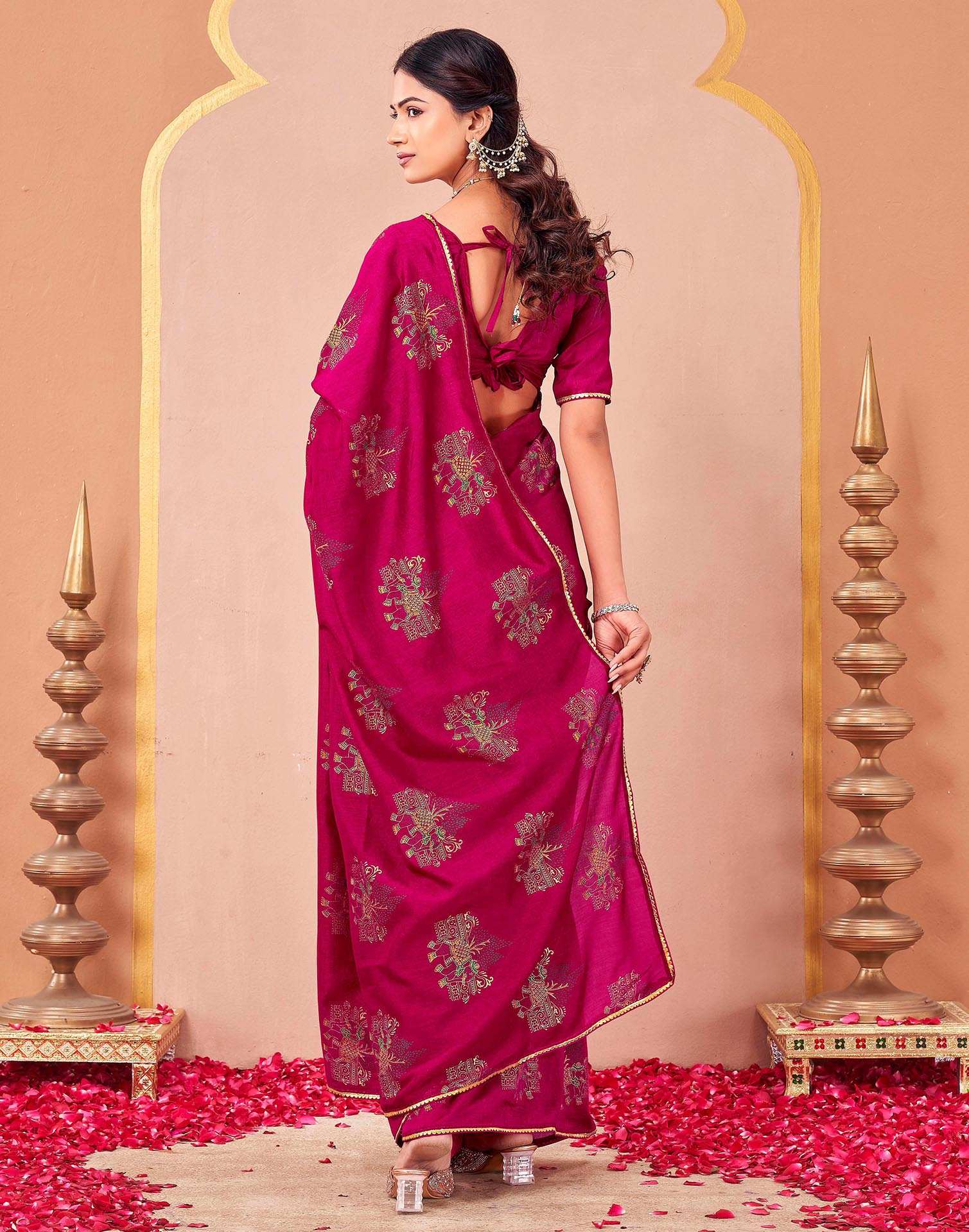 Rani Pink Vichitra Silk Foil Printed Saree - Image 6
