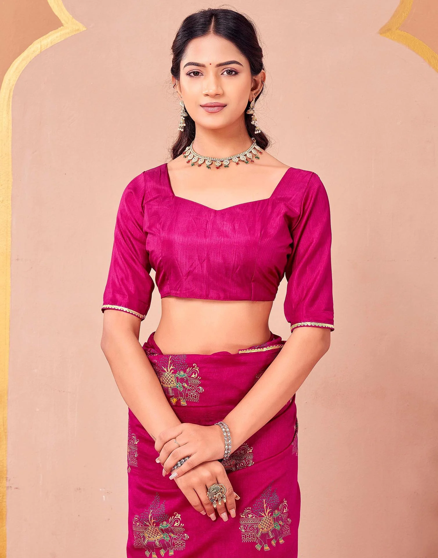 Rani Pink Vichitra Silk Foil Printed Saree - Image 8