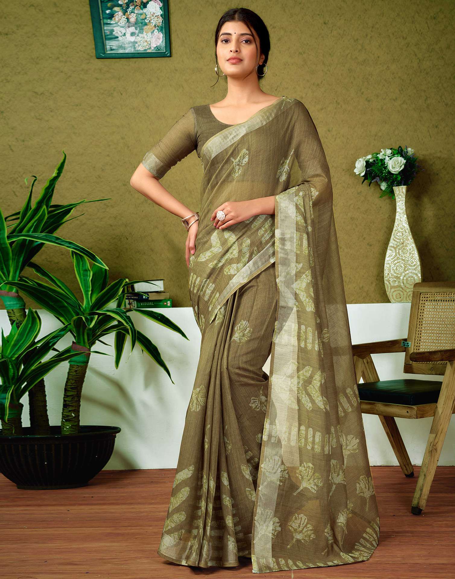 Ready To Wear Army Green Linen Printed Saree