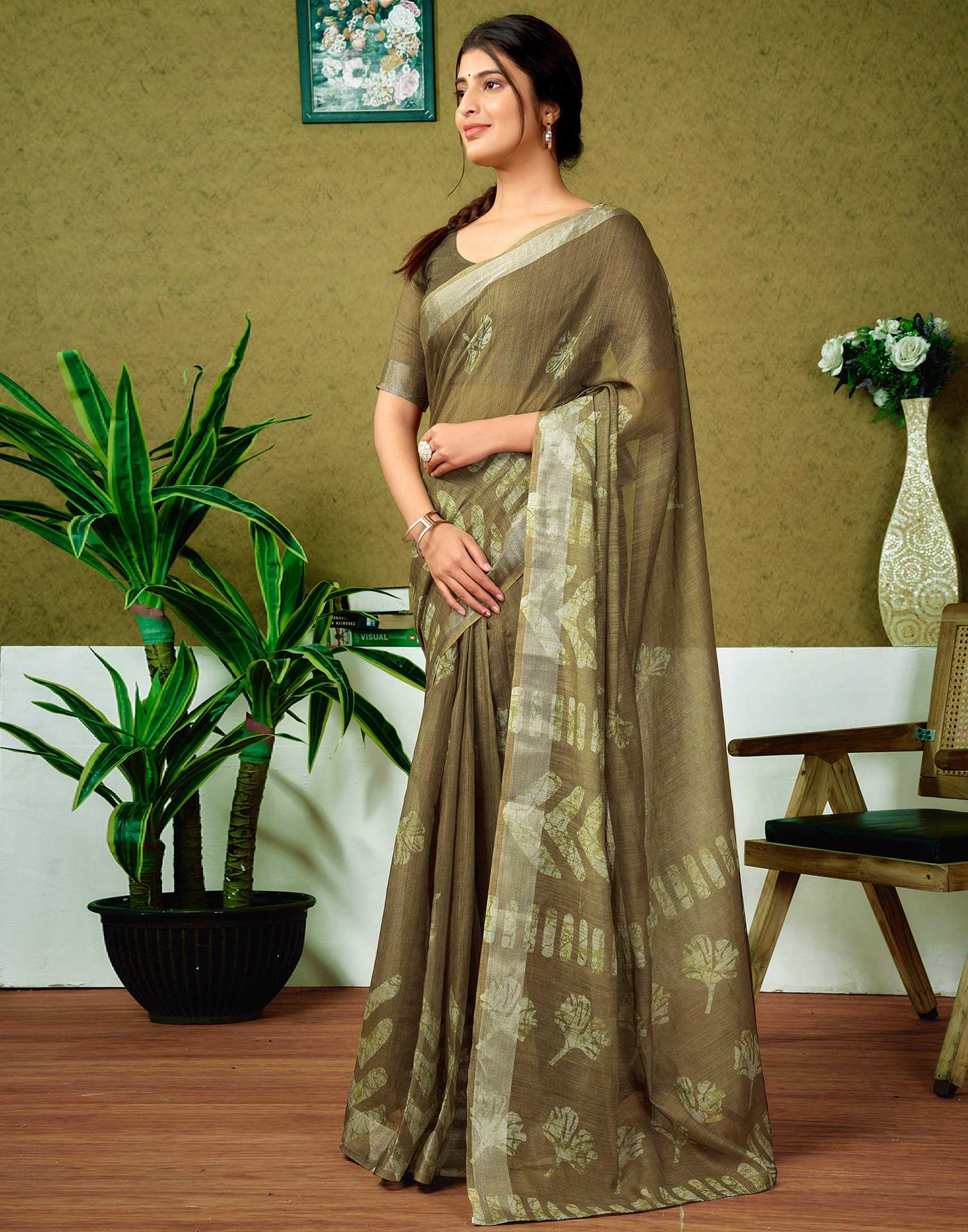 Ready To Wear Army Green Linen Printed Saree - Image 5
