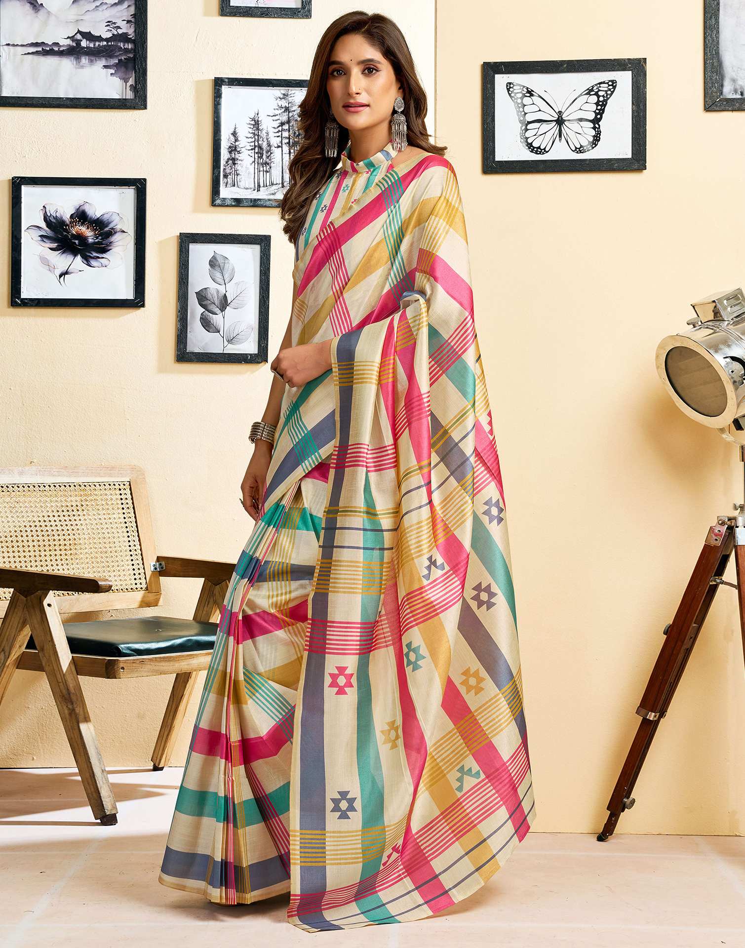 Ready To Wear Beige Chanderi Cotton Printed Saree - Image 6