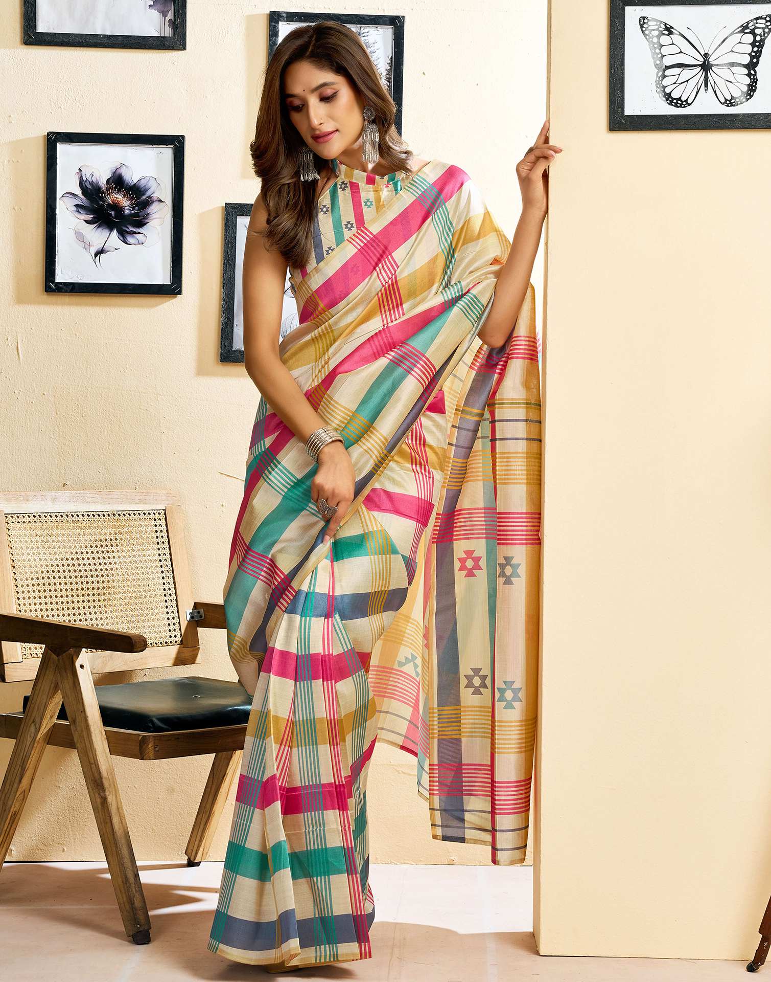 Ready To Wear Beige Chanderi Cotton Printed Saree - Image 7