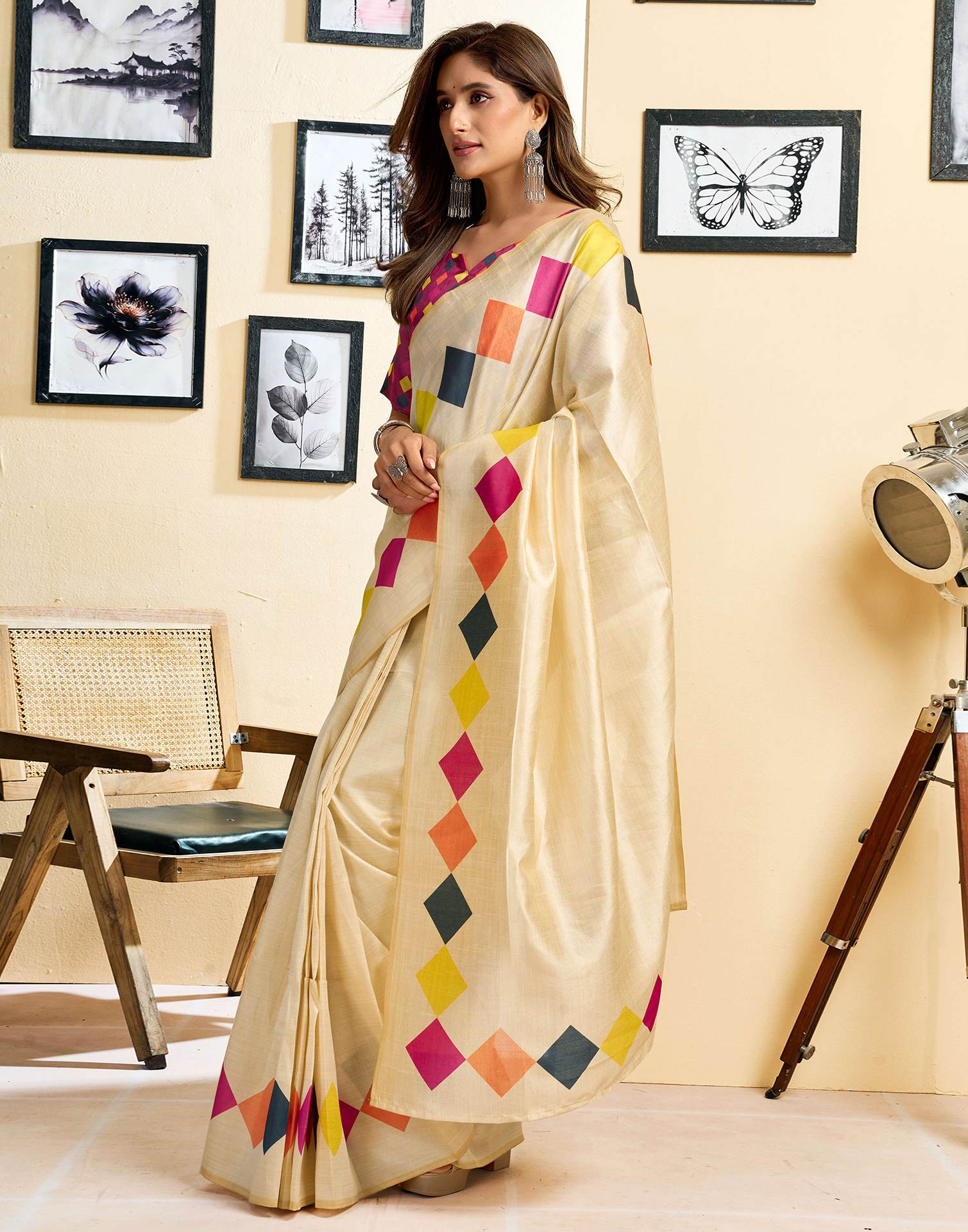 Ready To Wear Beige Chanderi Cotton Printed Saree - Image 5
