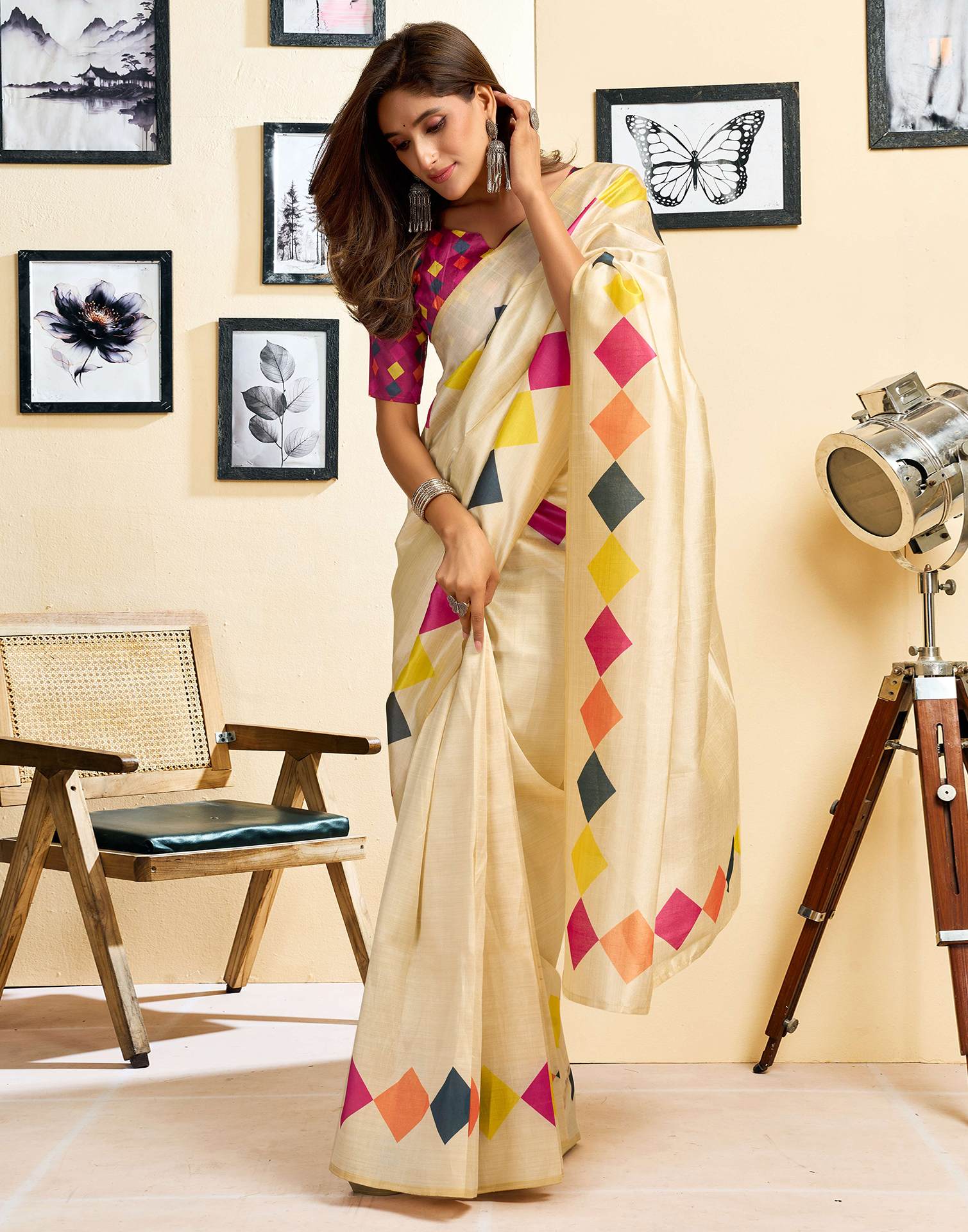 Ready To Wear Beige Chanderi Cotton Printed Saree - Image 6