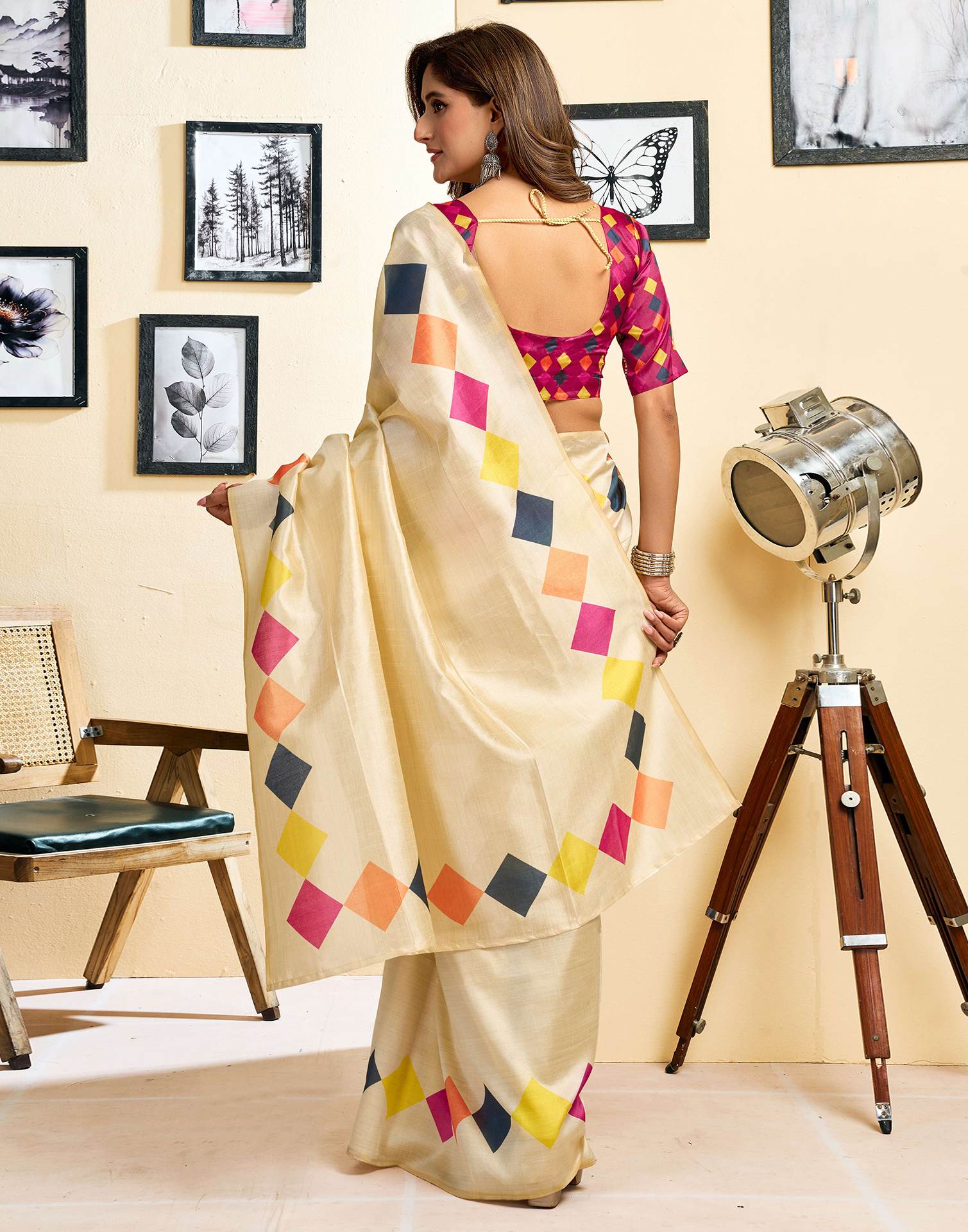 Ready To Wear Beige Chanderi Cotton Printed Saree - Image 7
