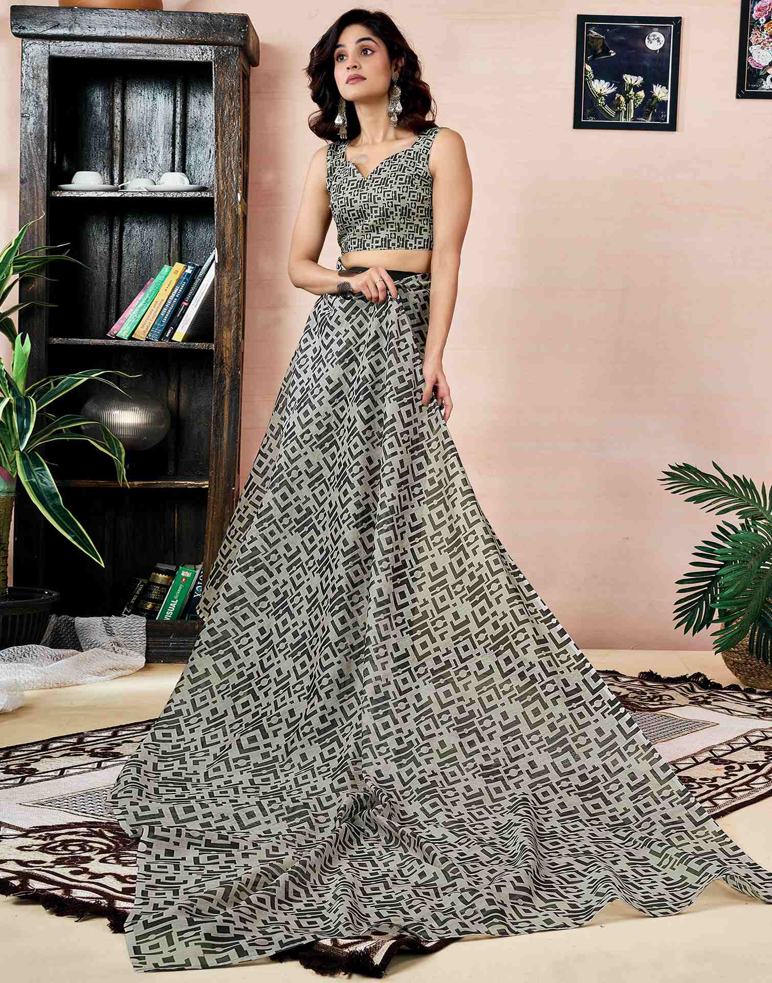 Ready To Wear Beige Chanderi Printed Saree With Pocket - Image 7