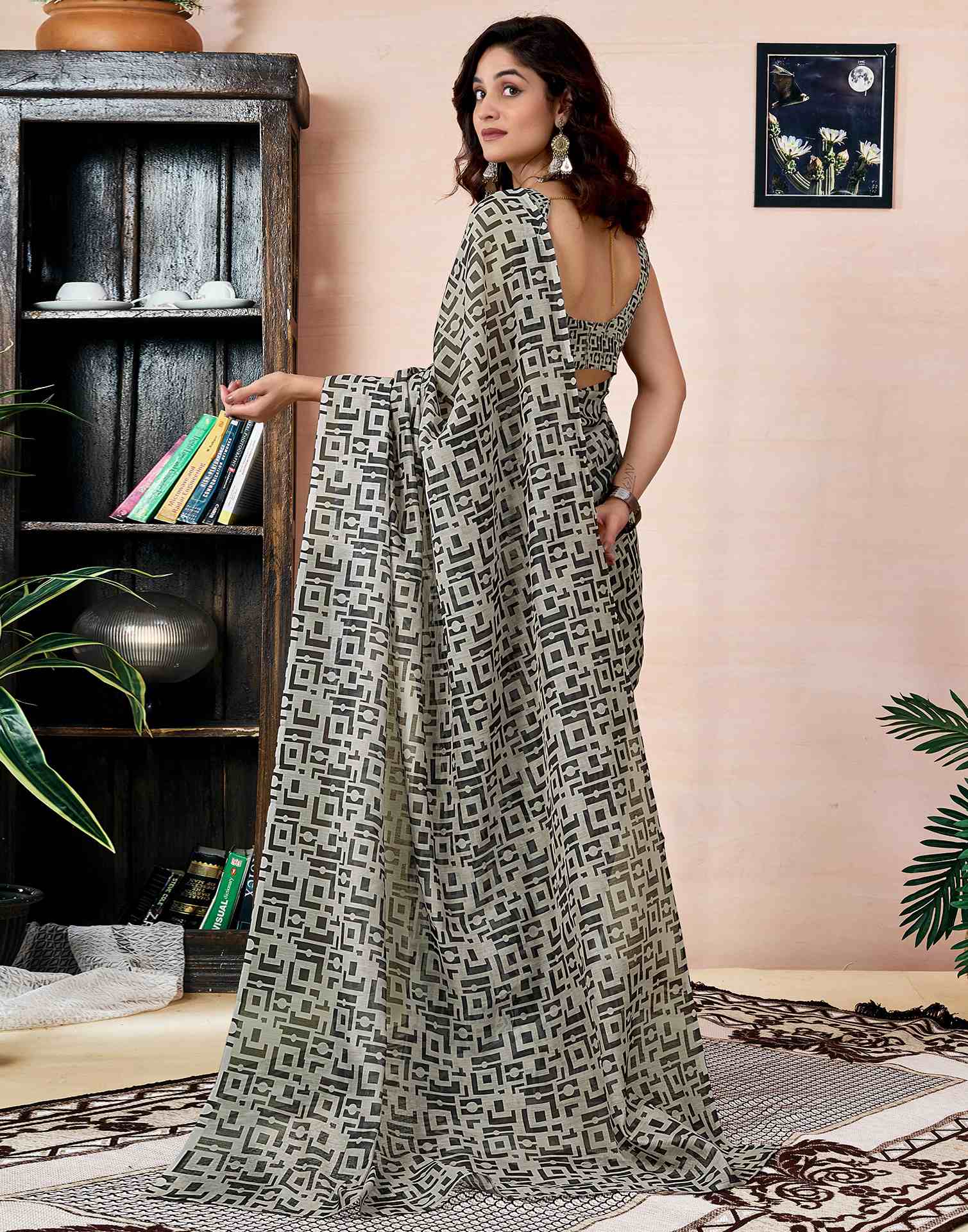 Ready To Wear Beige Chanderi Printed Saree With Pocket - Image 8