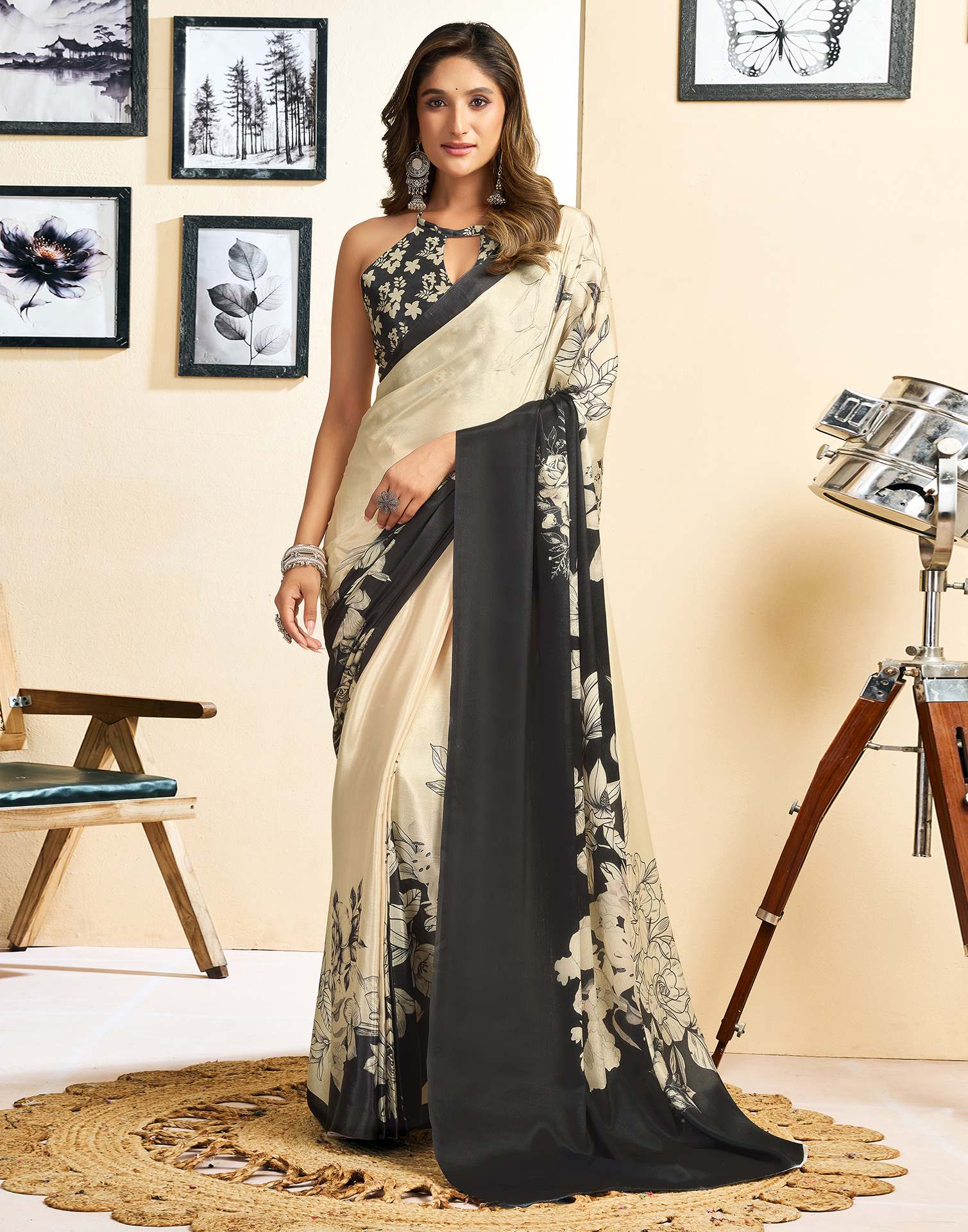 Ready To Wear Beige Chinnon Floral Printed Saree - Image 2