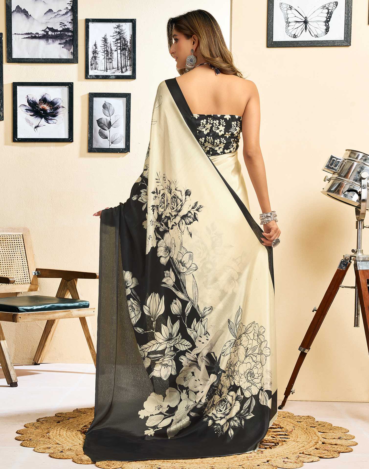 Ready To Wear Beige Chinnon Floral Printed Saree - Image 7