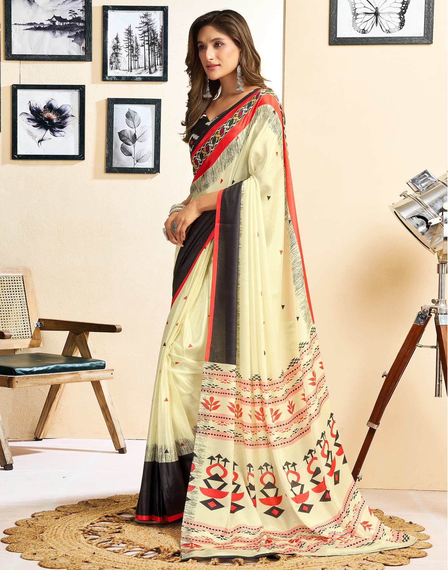 Ready To Wear Beige Chinnon Printed Saree - Image 5
