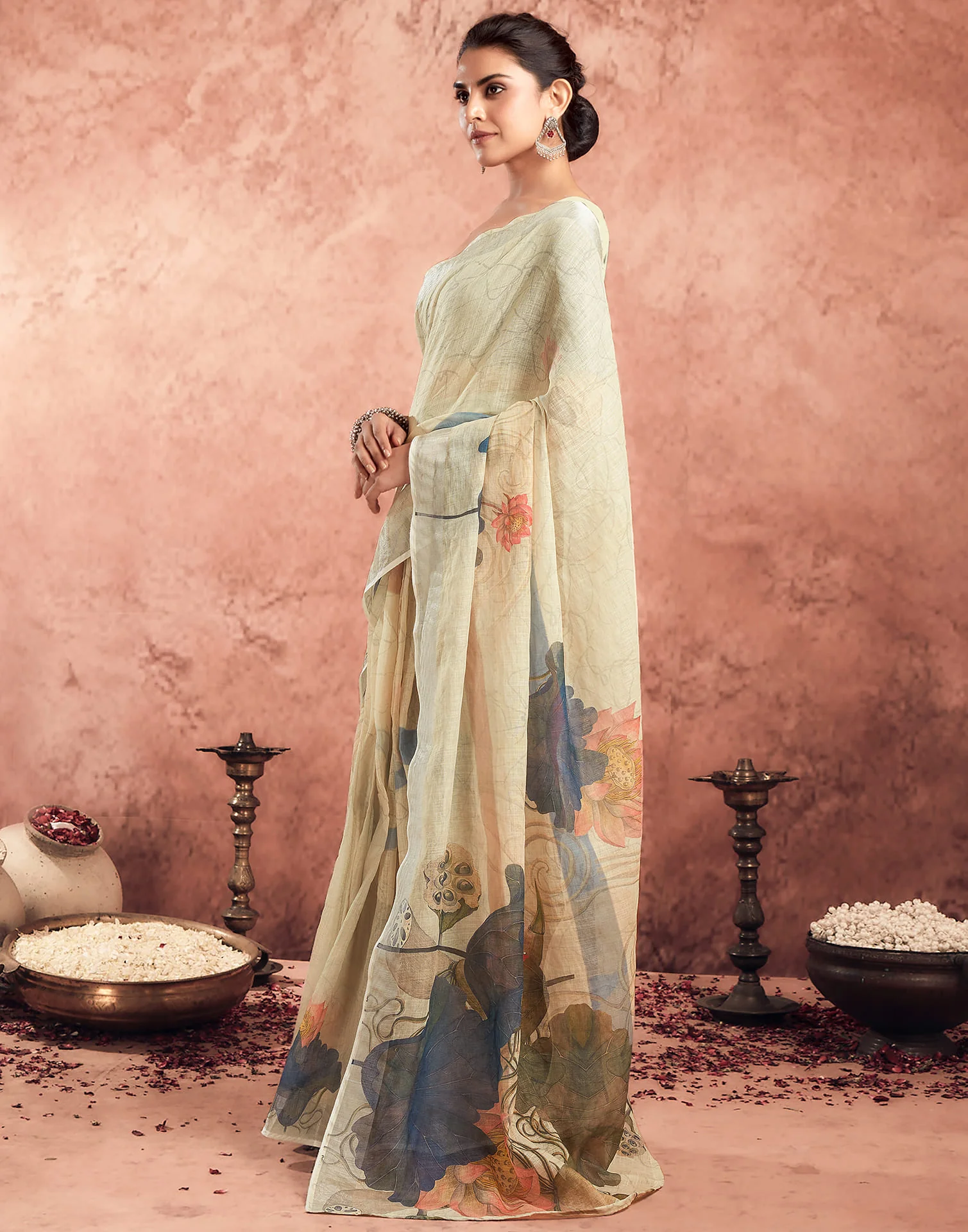 Ready To Wear Beige Cotton Printed Saree - Image 5