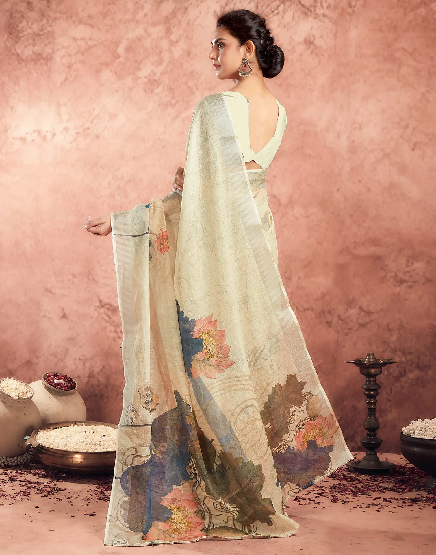Ready To Wear Beige Cotton Printed Saree - Image 7