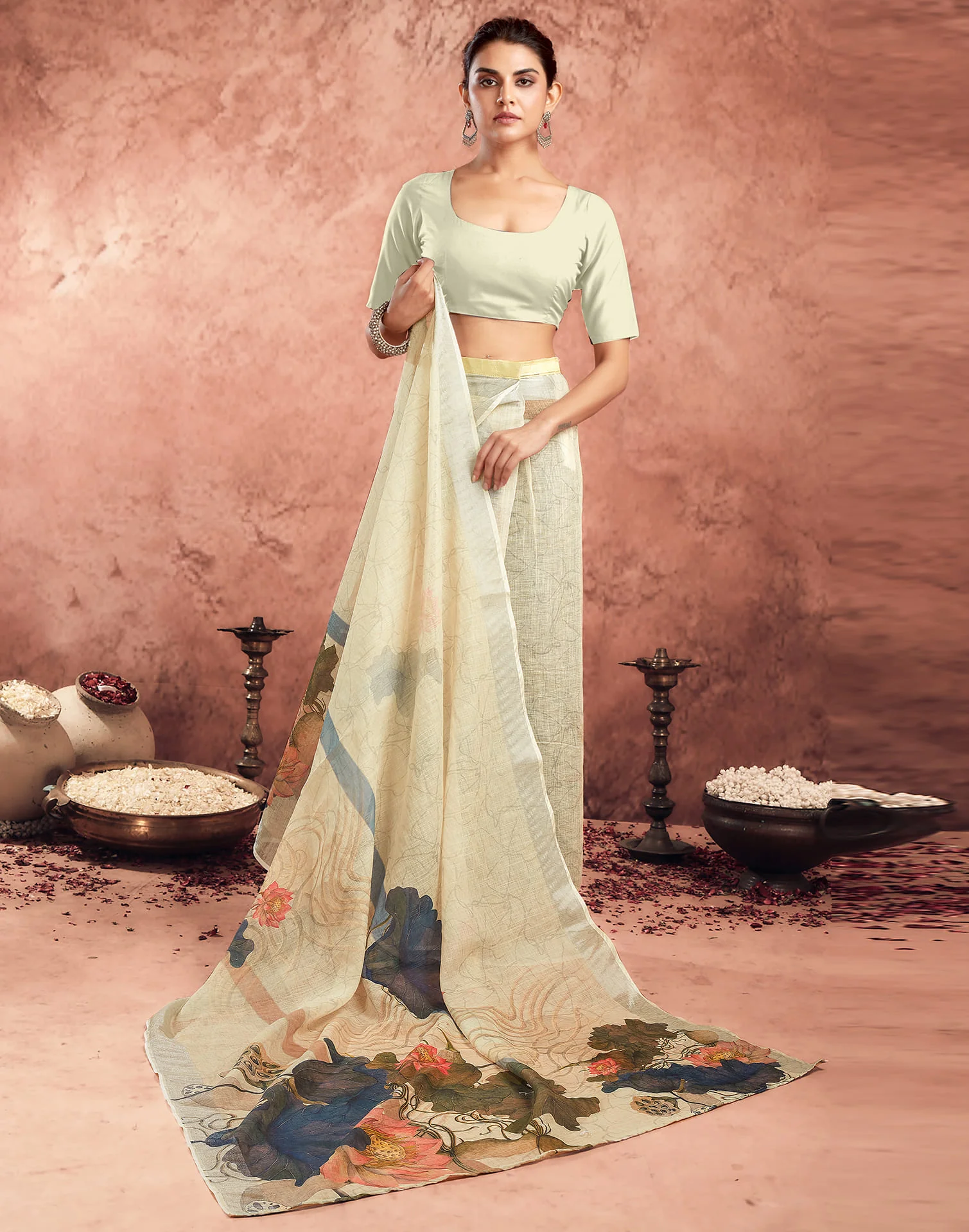 Ready To Wear Beige Cotton Printed Saree - Image 8
