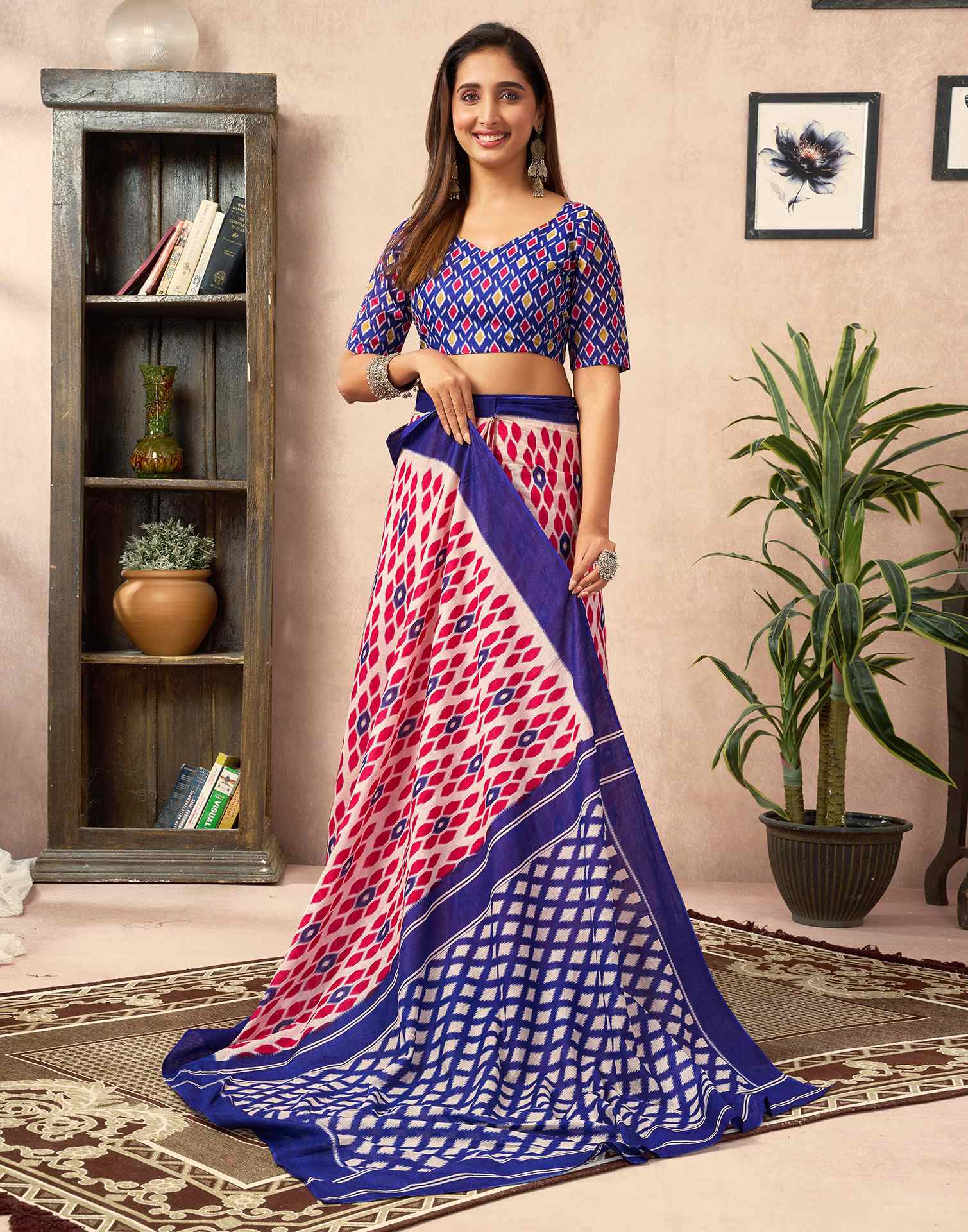 Ready To Wear Beige Cotton Printed Saree With Pocket - Image 10