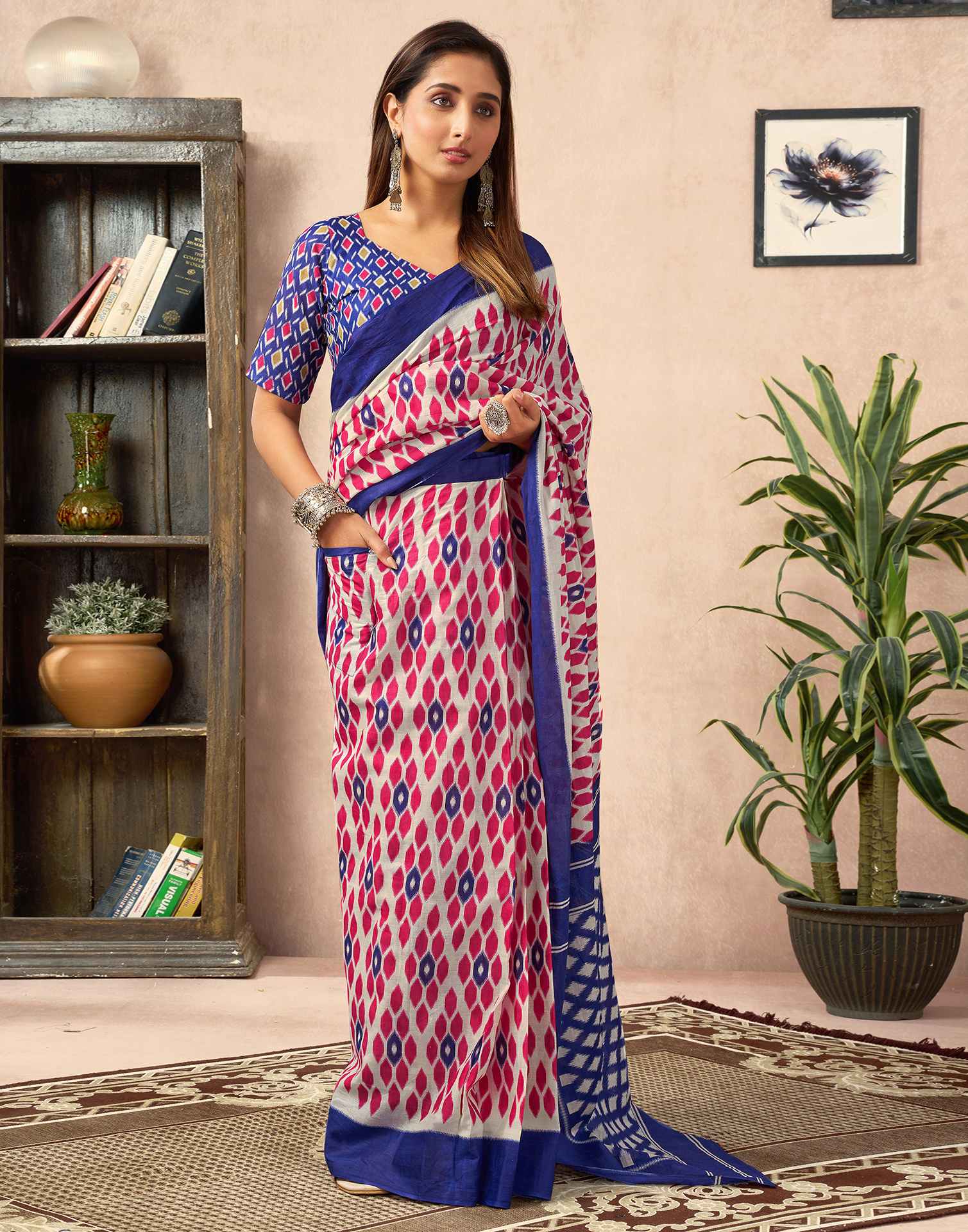 Ready To Wear Beige Cotton Printed Saree With Pocket - Image 9