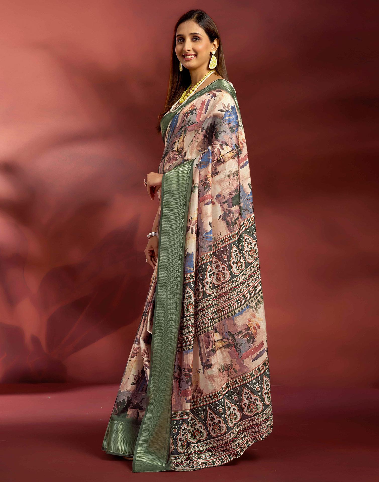 Ready To Wear Beige Dola Silk Printed Saree - Image 5