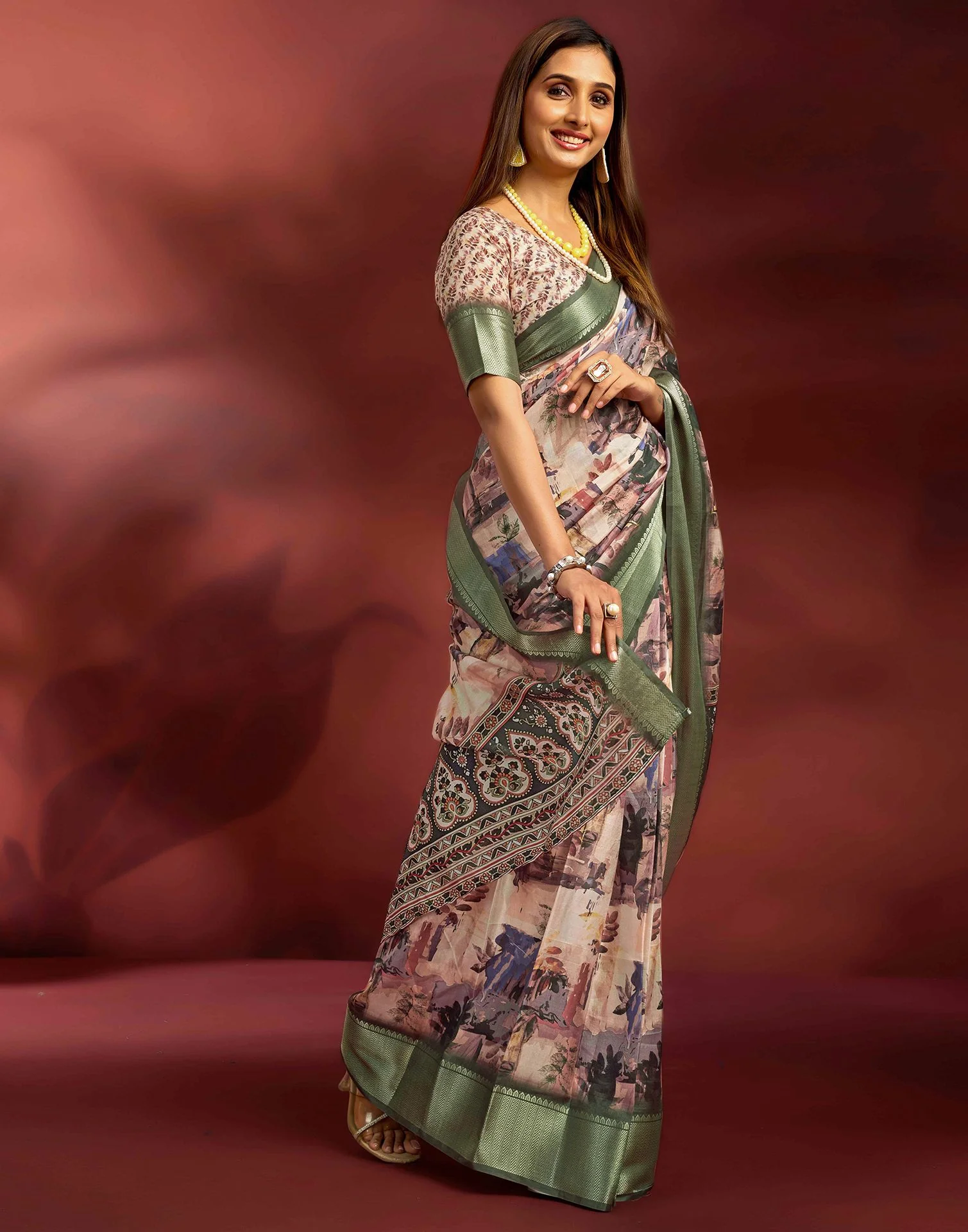 Ready To Wear Beige Dola Silk Printed Saree - Image 6