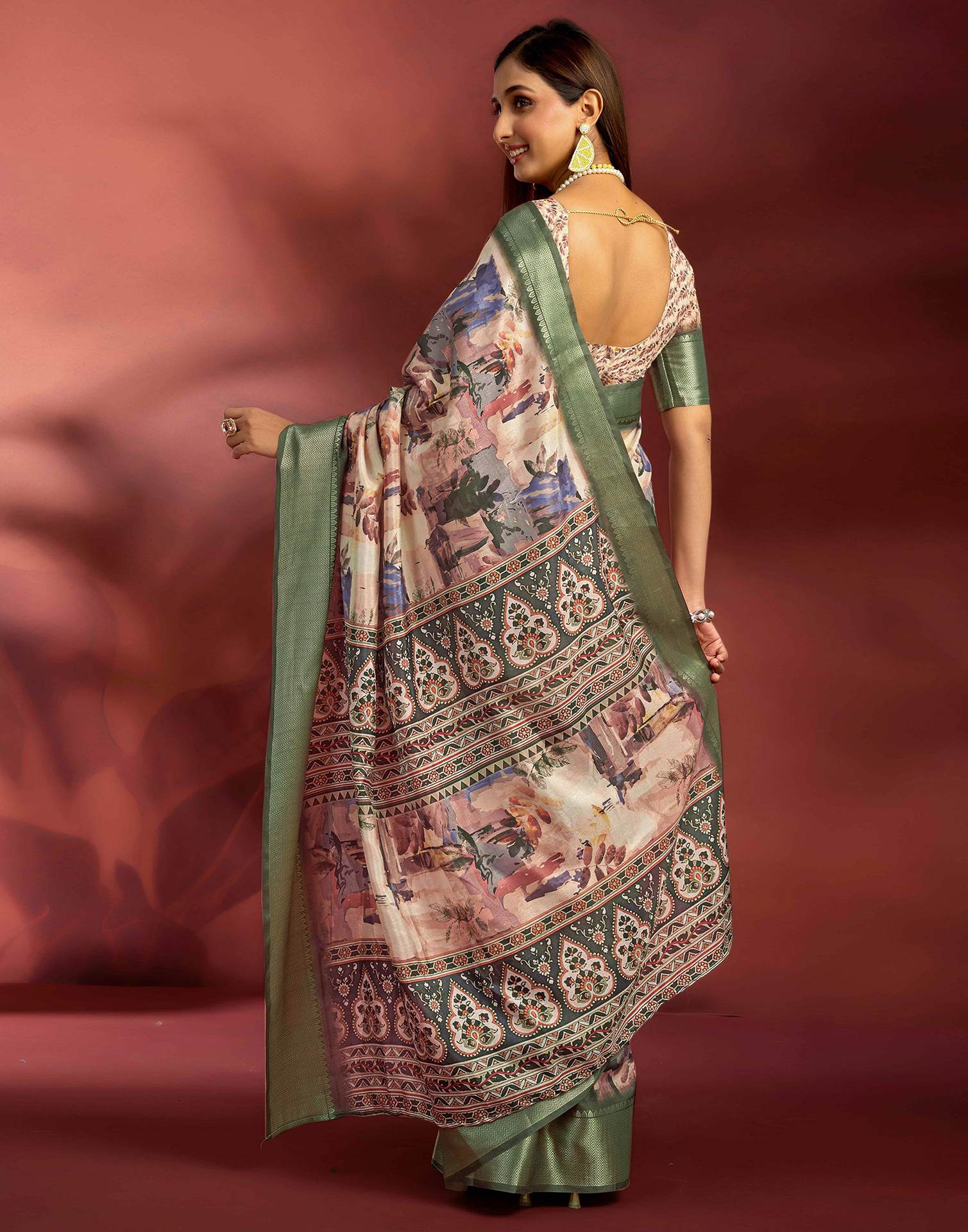 Ready To Wear Beige Dola Silk Printed Saree - Image 7