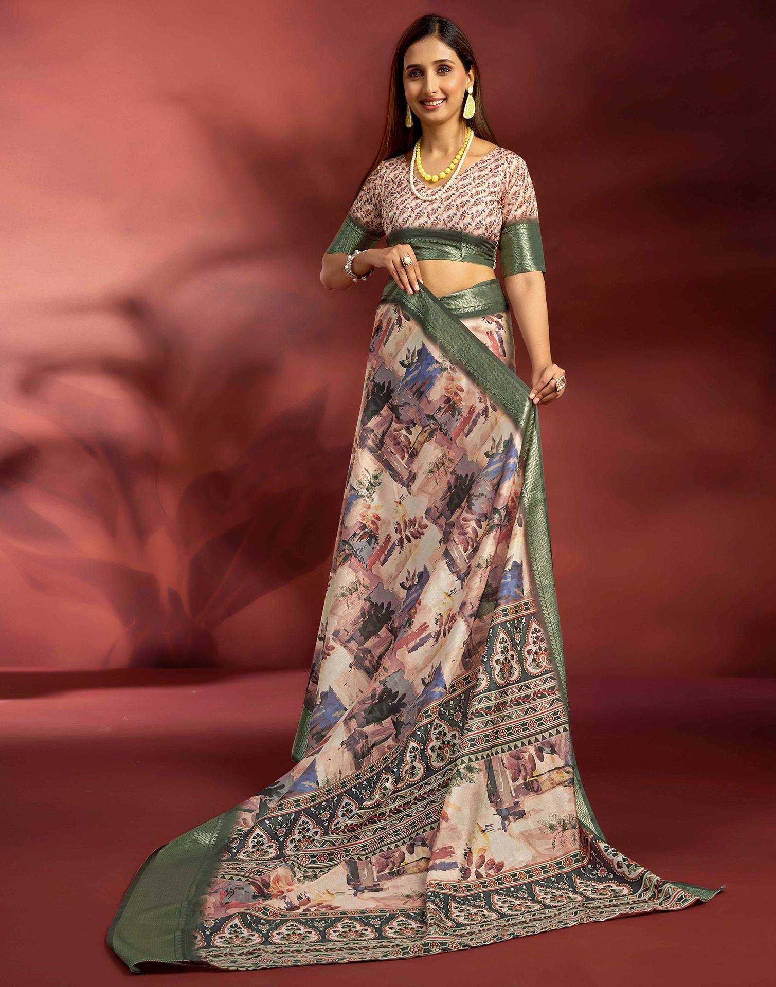 Ready To Wear Beige Dola Silk Printed Saree - Image 8