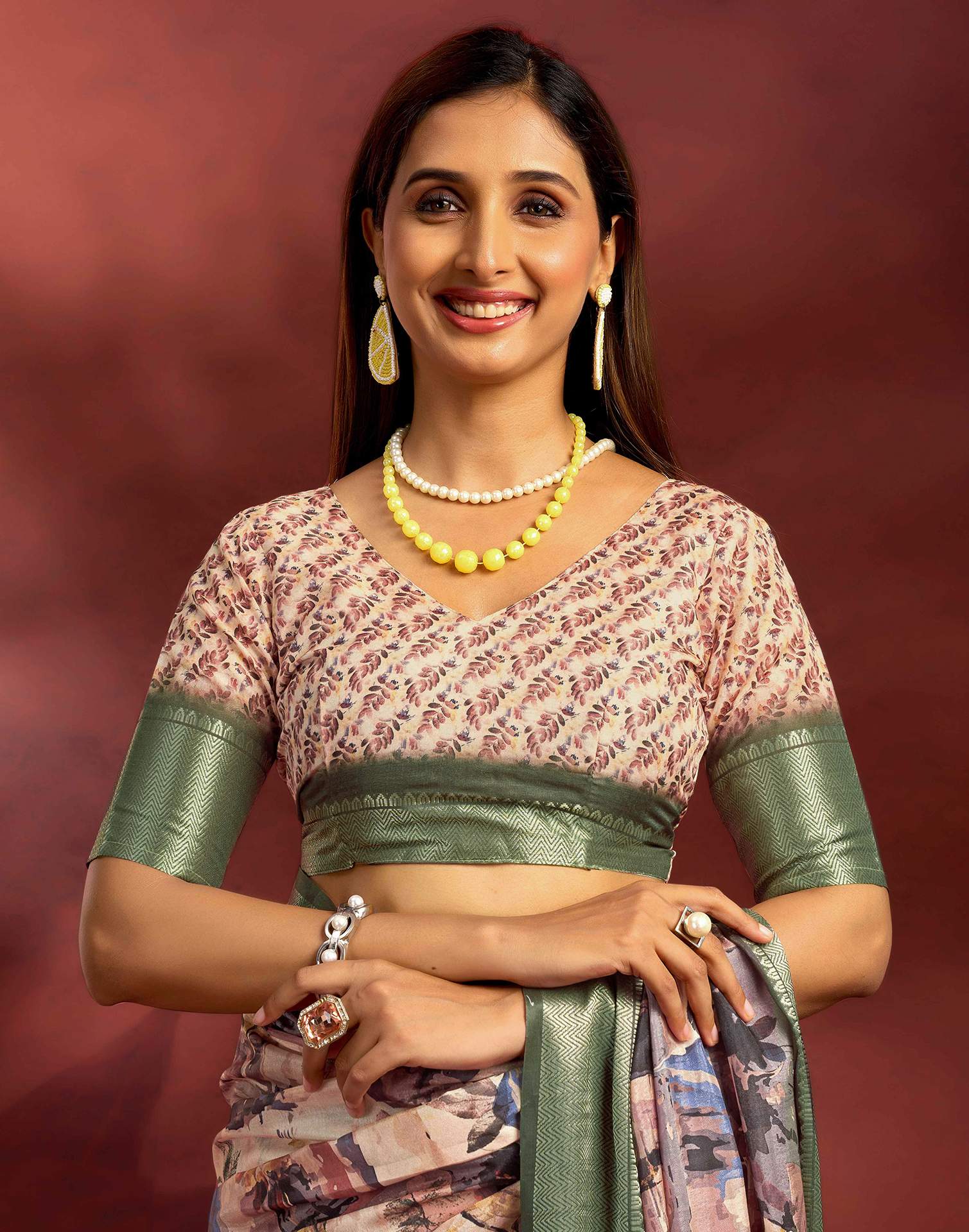 Ready To Wear Beige Dola Silk Printed Saree - Image 9