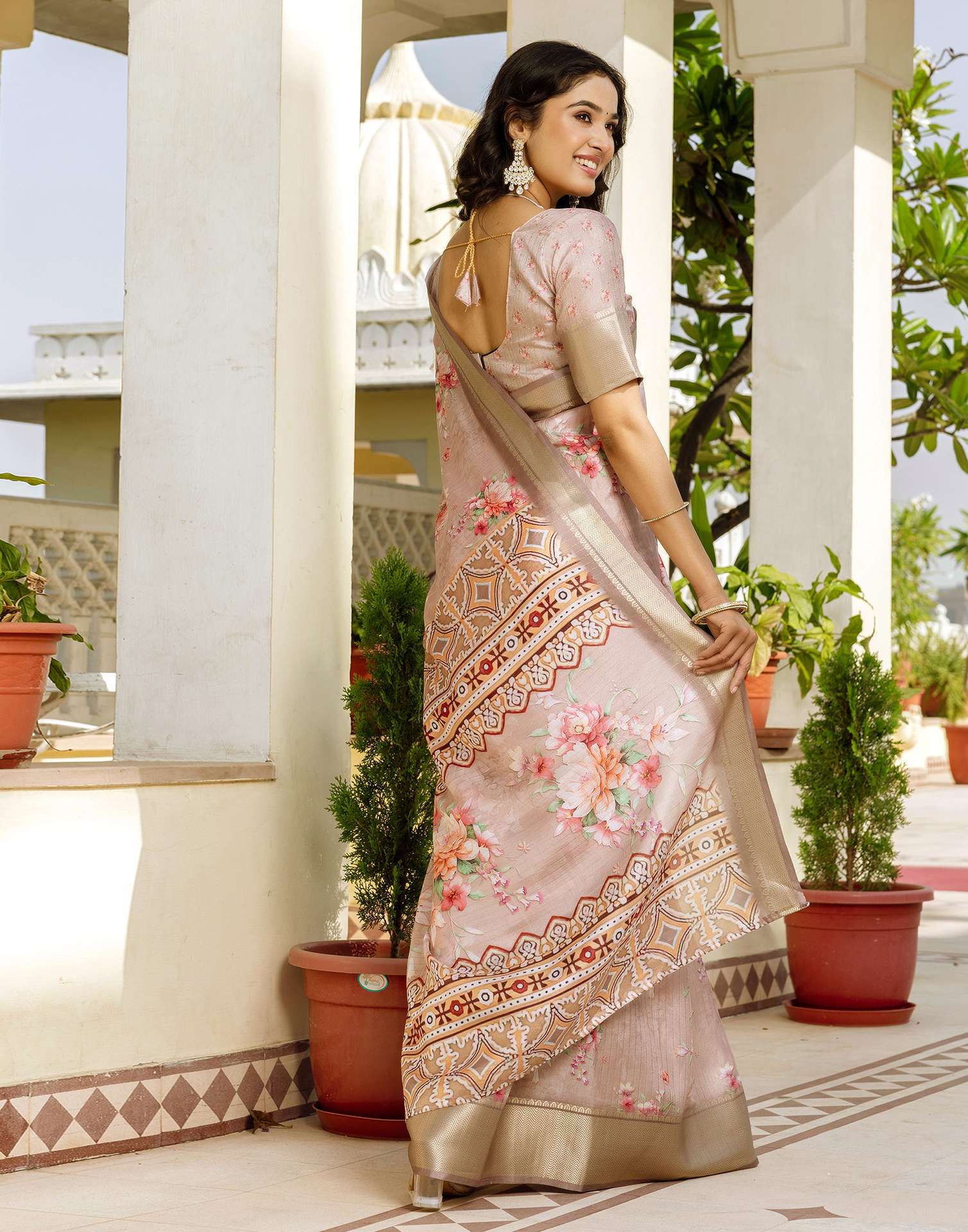 Ready To Wear Beige Dola Silk Woven Border Floral Printed Saree - Image 10