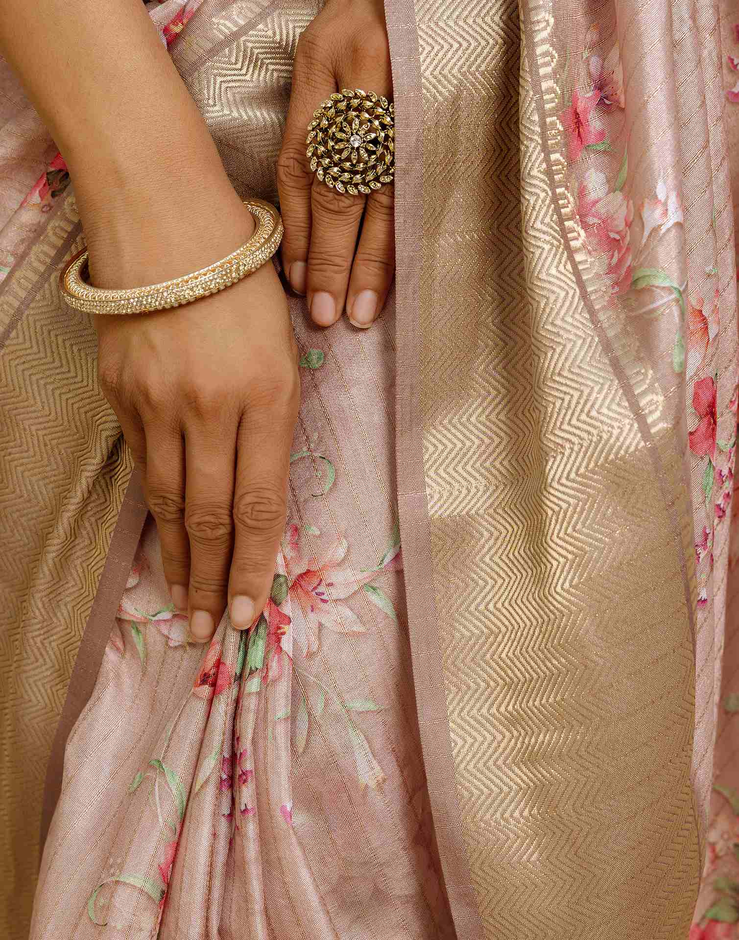 Ready To Wear Beige Dola Silk Woven Border Floral Printed Saree - Image 11