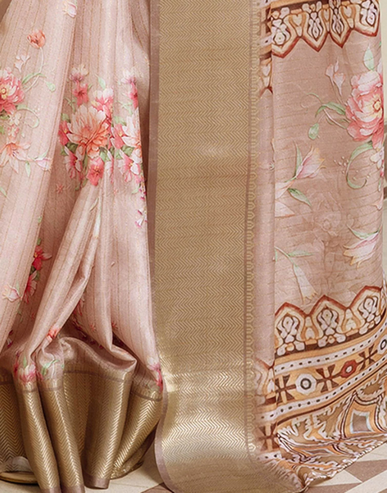 Ready To Wear Beige Dola Silk Woven Border Floral Printed Saree - Image 12