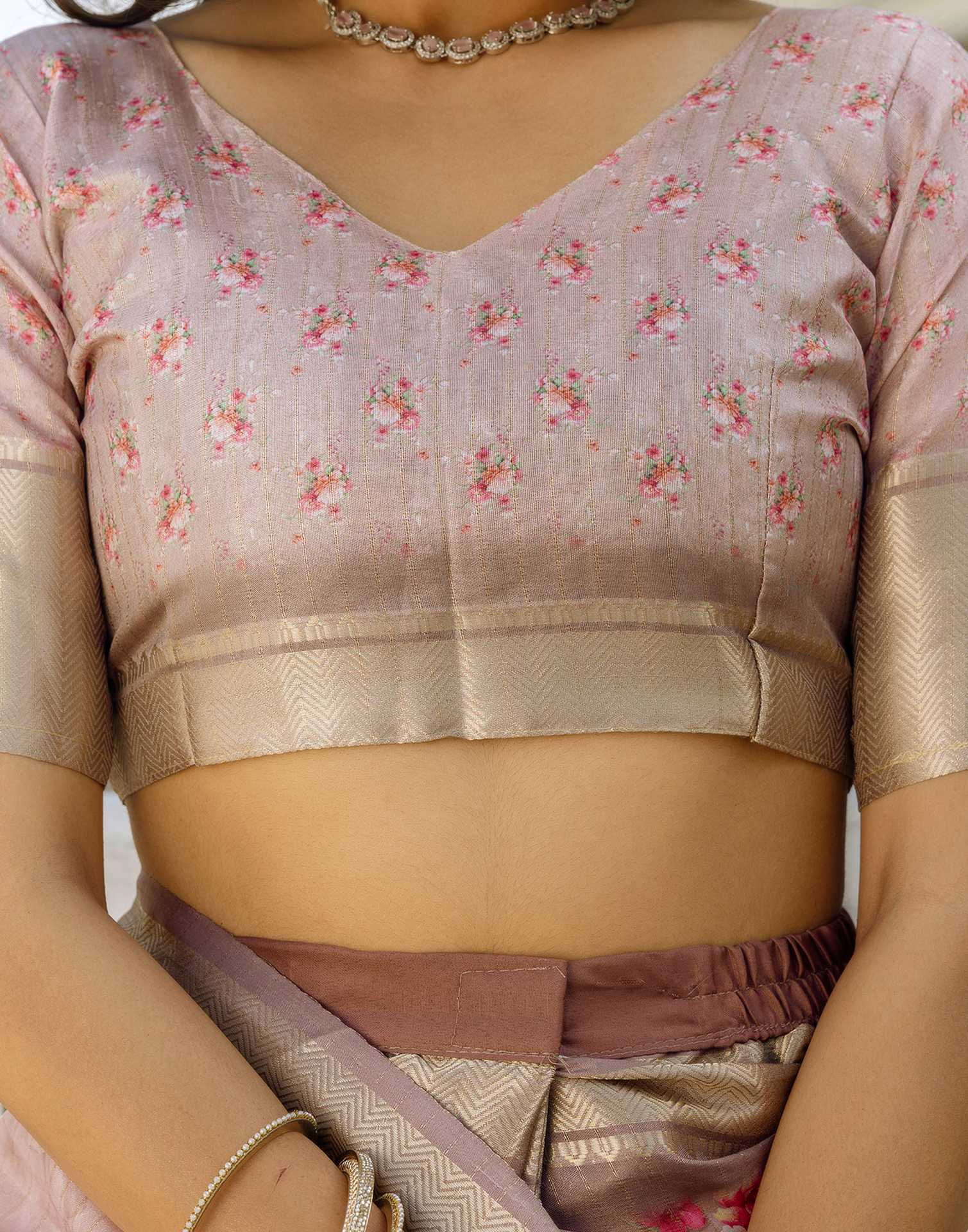 Ready To Wear Beige Dola Silk Woven Border Floral Printed Saree - Image 13