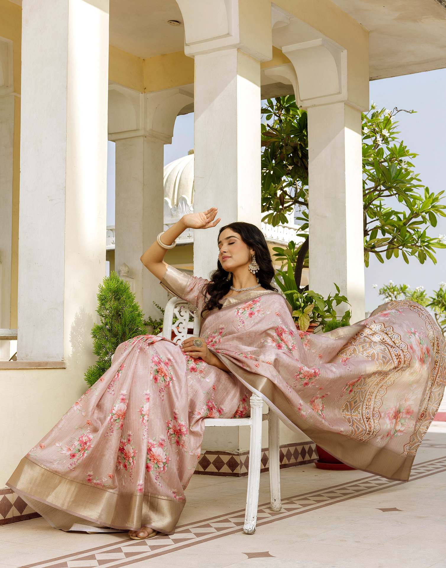 Ready To Wear Beige Dola Silk Woven Border Floral Printed Saree - Image 4