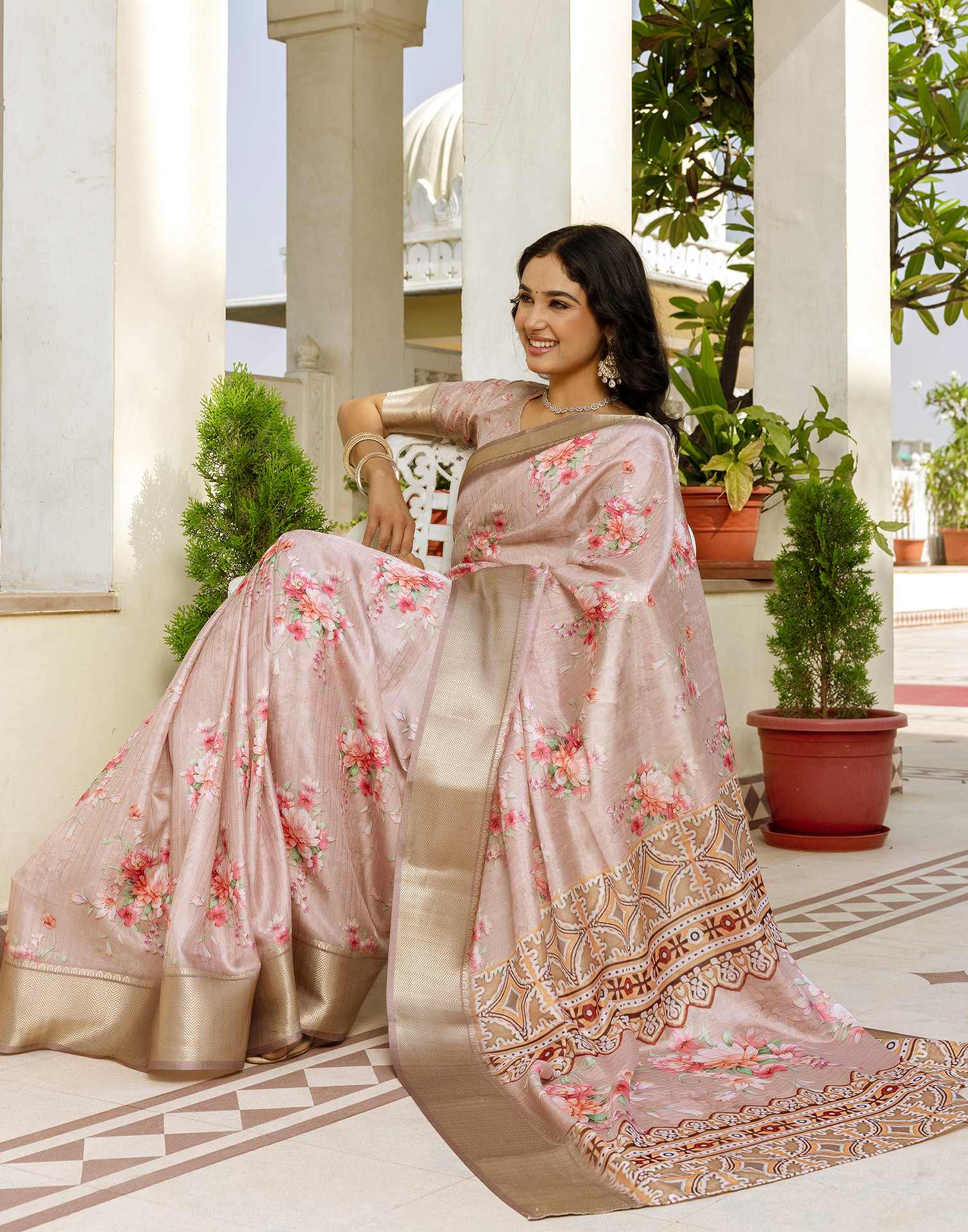 Ready To Wear Beige Dola Silk Woven Border Floral Printed Saree - Image 5