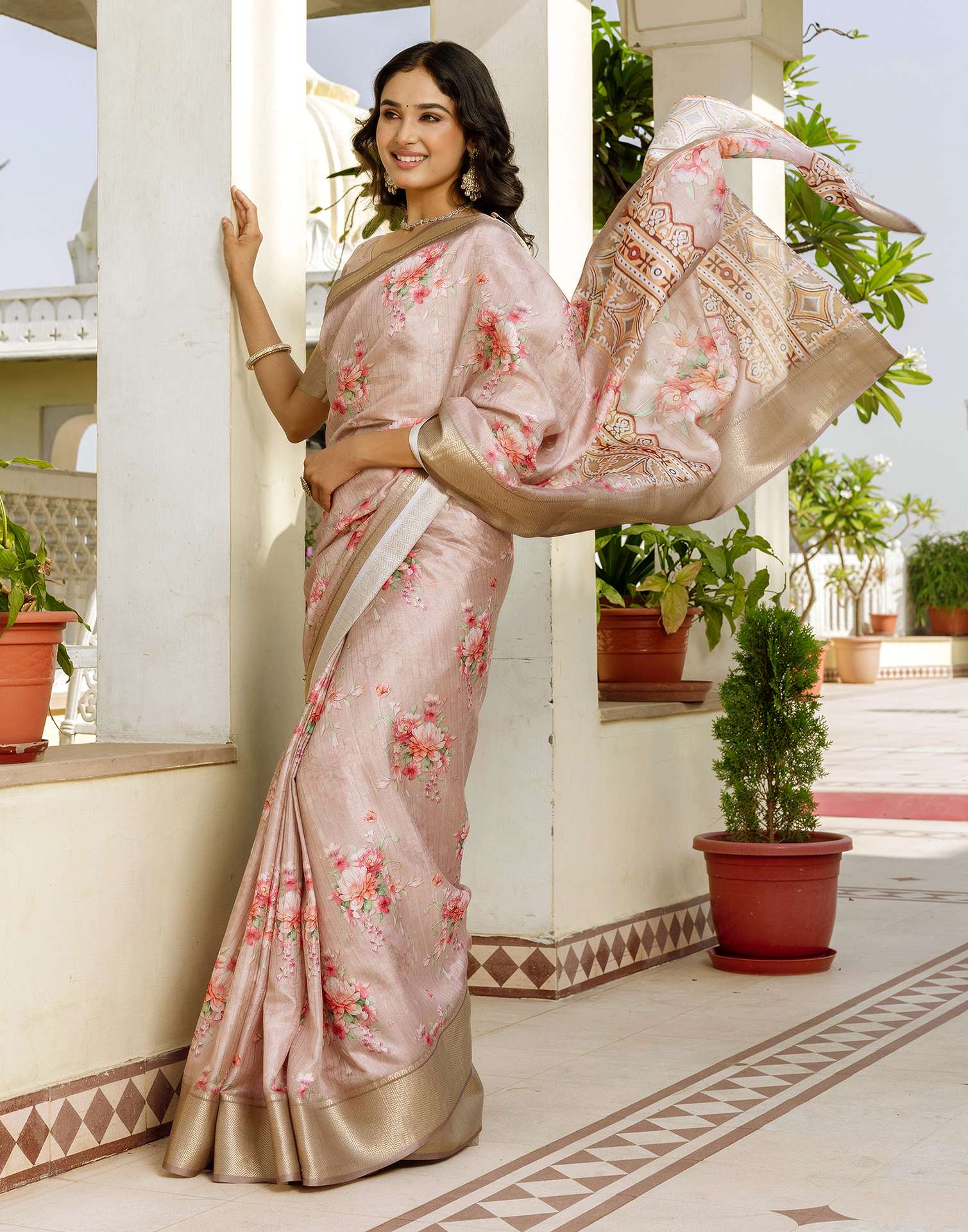 Ready To Wear Beige Dola Silk Woven Border Floral Printed Saree - Image 7