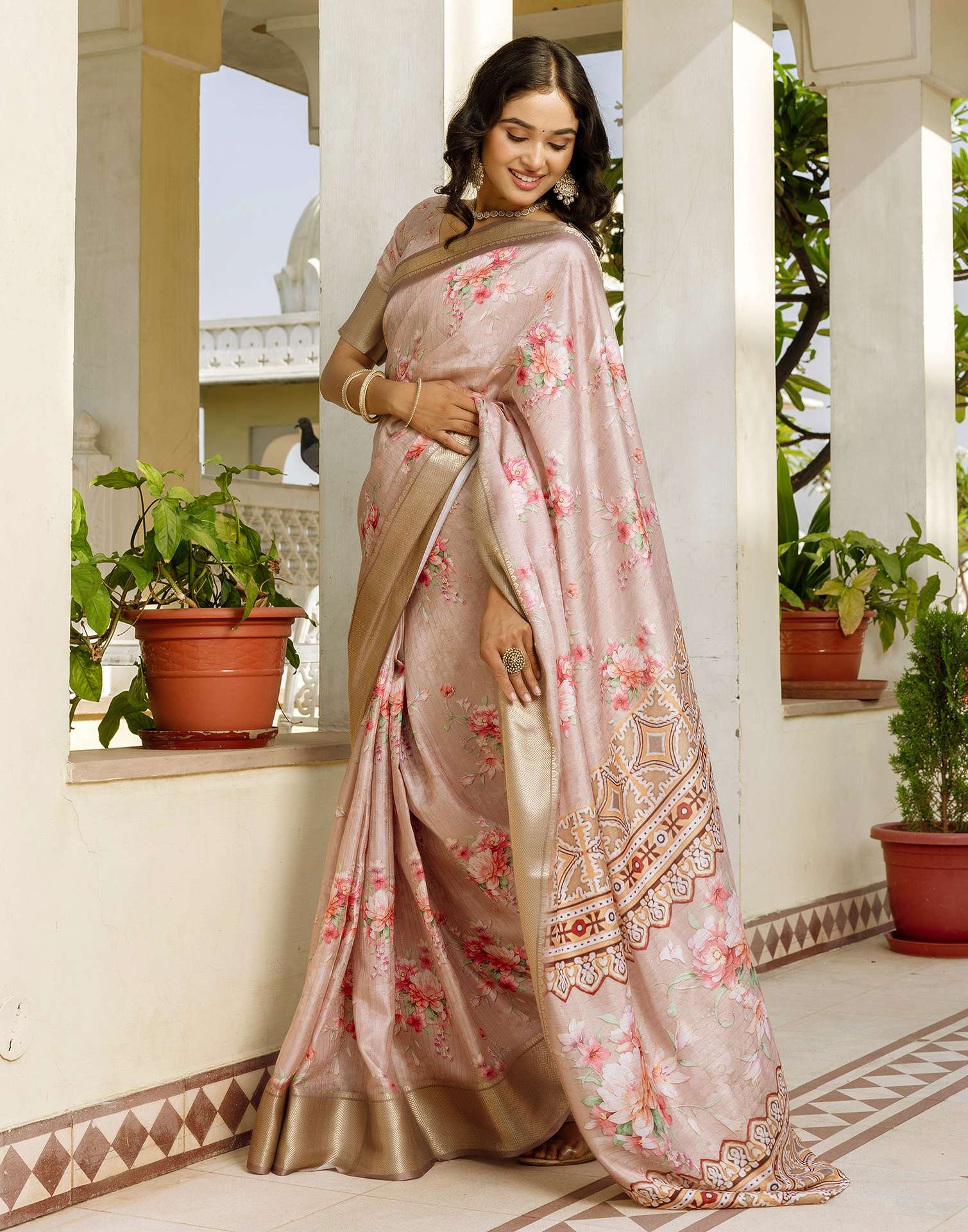 Ready To Wear Beige Dola Silk Woven Border Floral Printed Saree - Image 8
