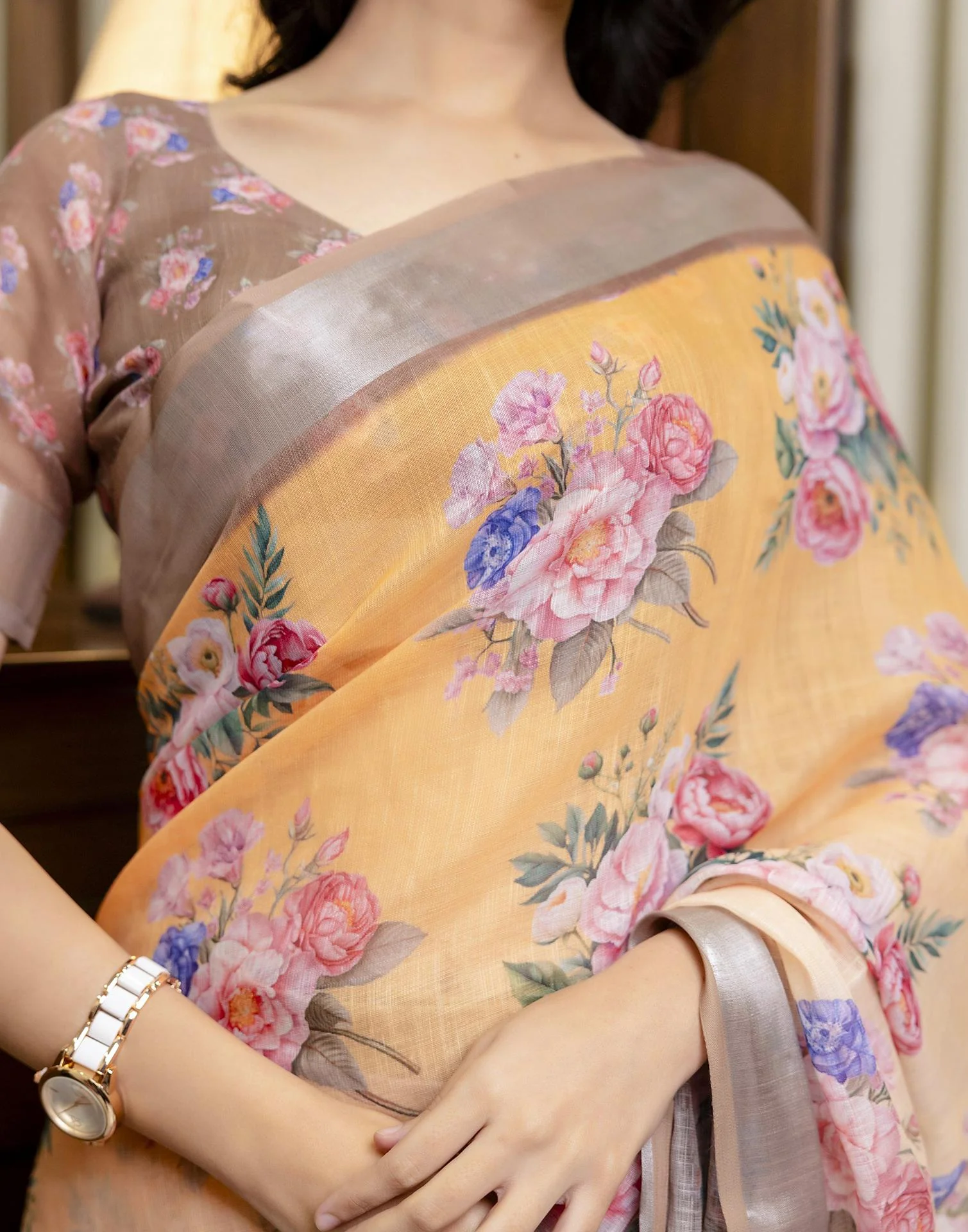 Ready To Wear Beige Linen Floral Printed Saree - Image 7