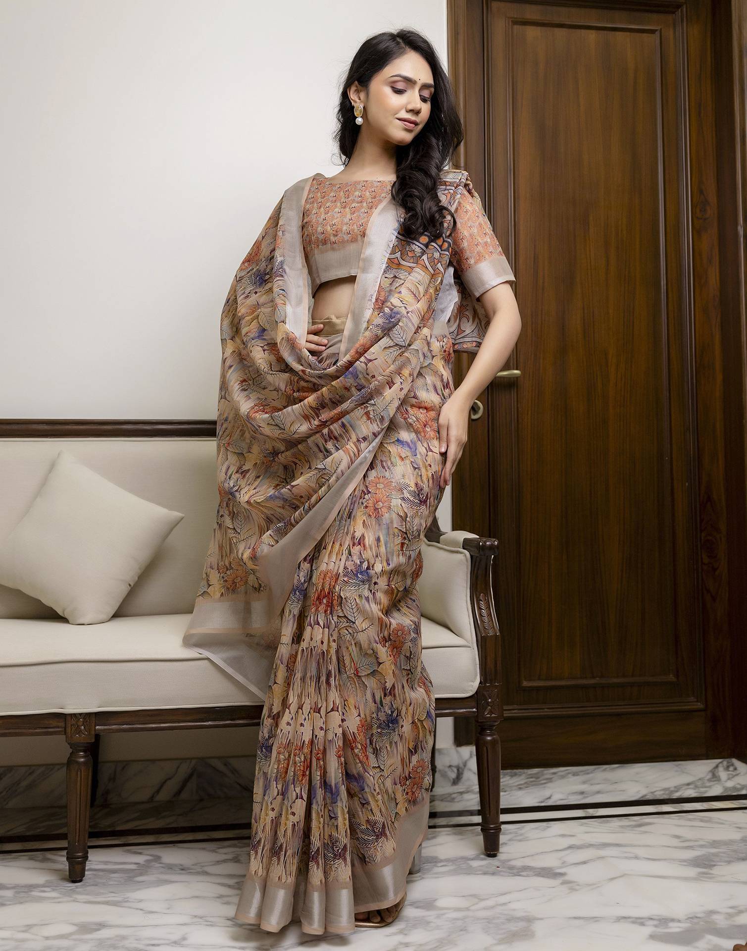 Ready To Wear Beige Linen Floral Printed Saree - Image 7