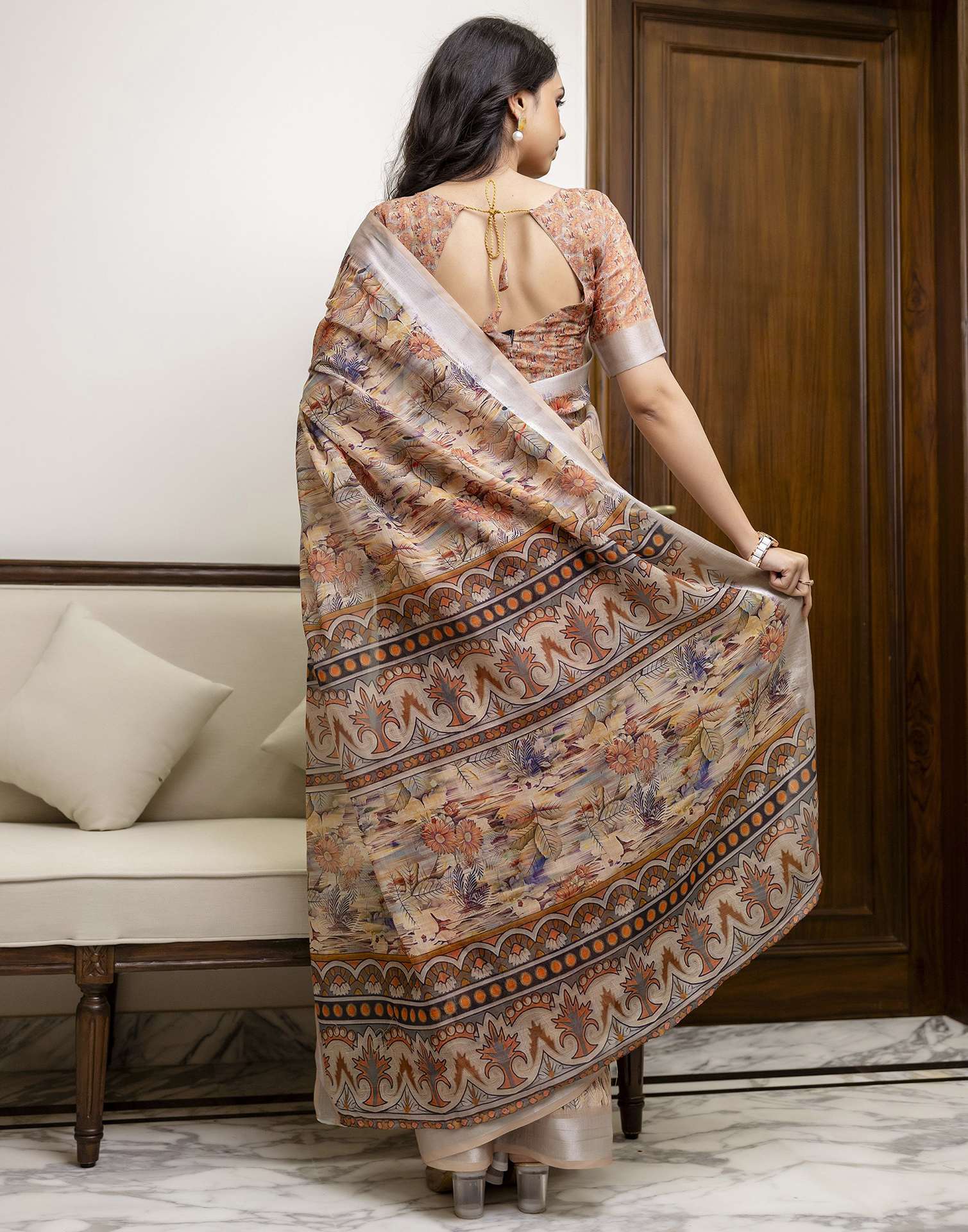 Ready To Wear Beige Linen Floral Printed Saree - Image 8