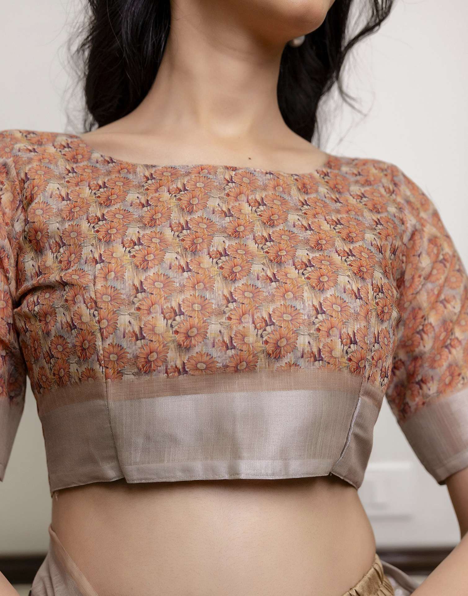 Ready To Wear Beige Linen Floral Printed Saree - Image 9