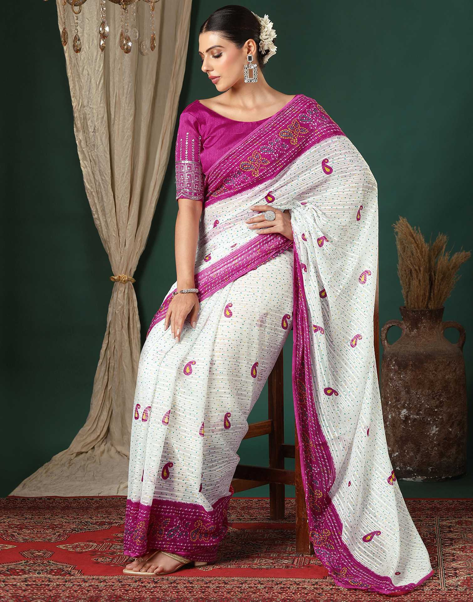 White Georgette Zari Stripe Bandhani Printed Saree - Image 5