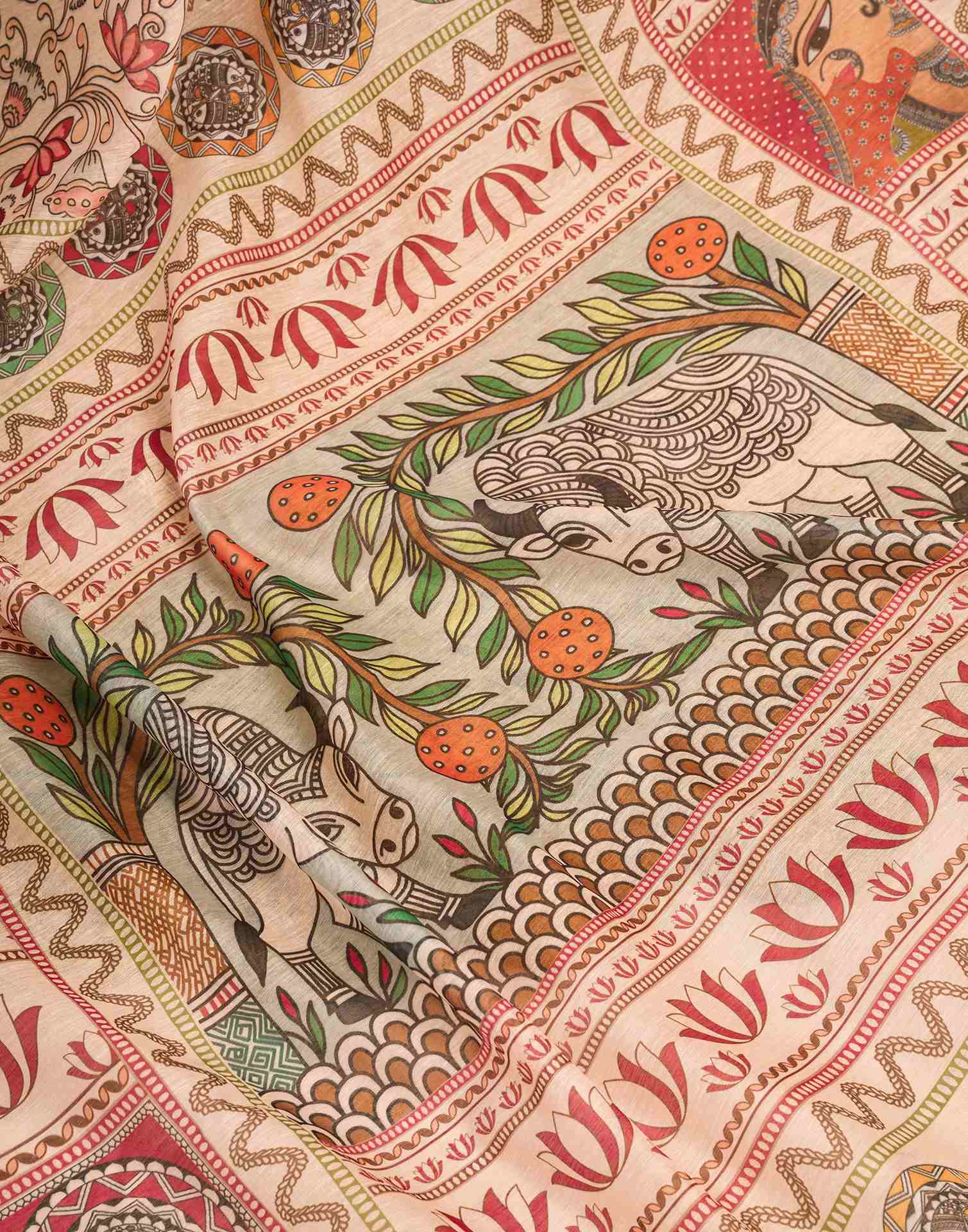 Ready To Wear Beige Linen Printed Saree - Image 10