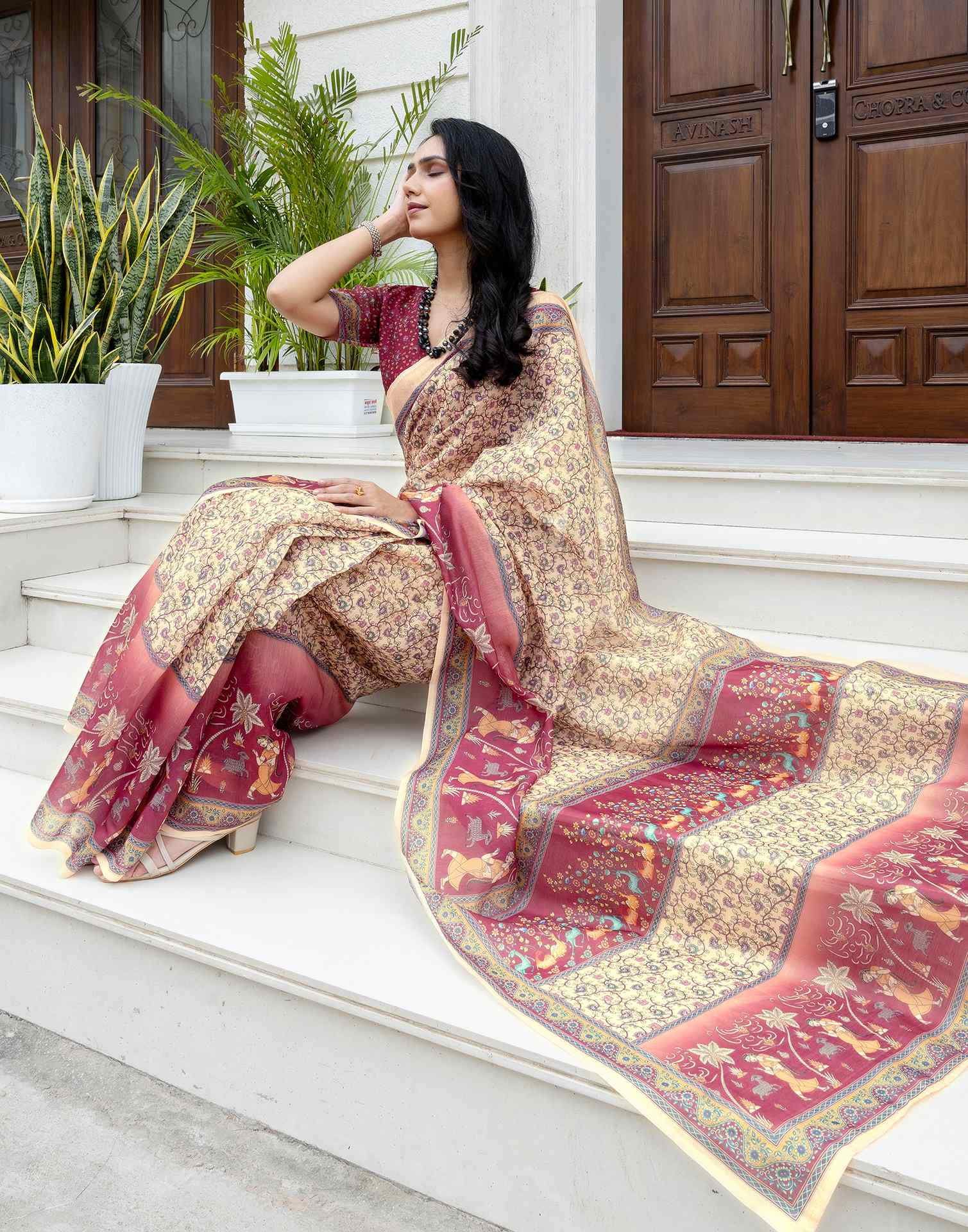 Ready To Wear Beige Linen Printed Saree - Image 10